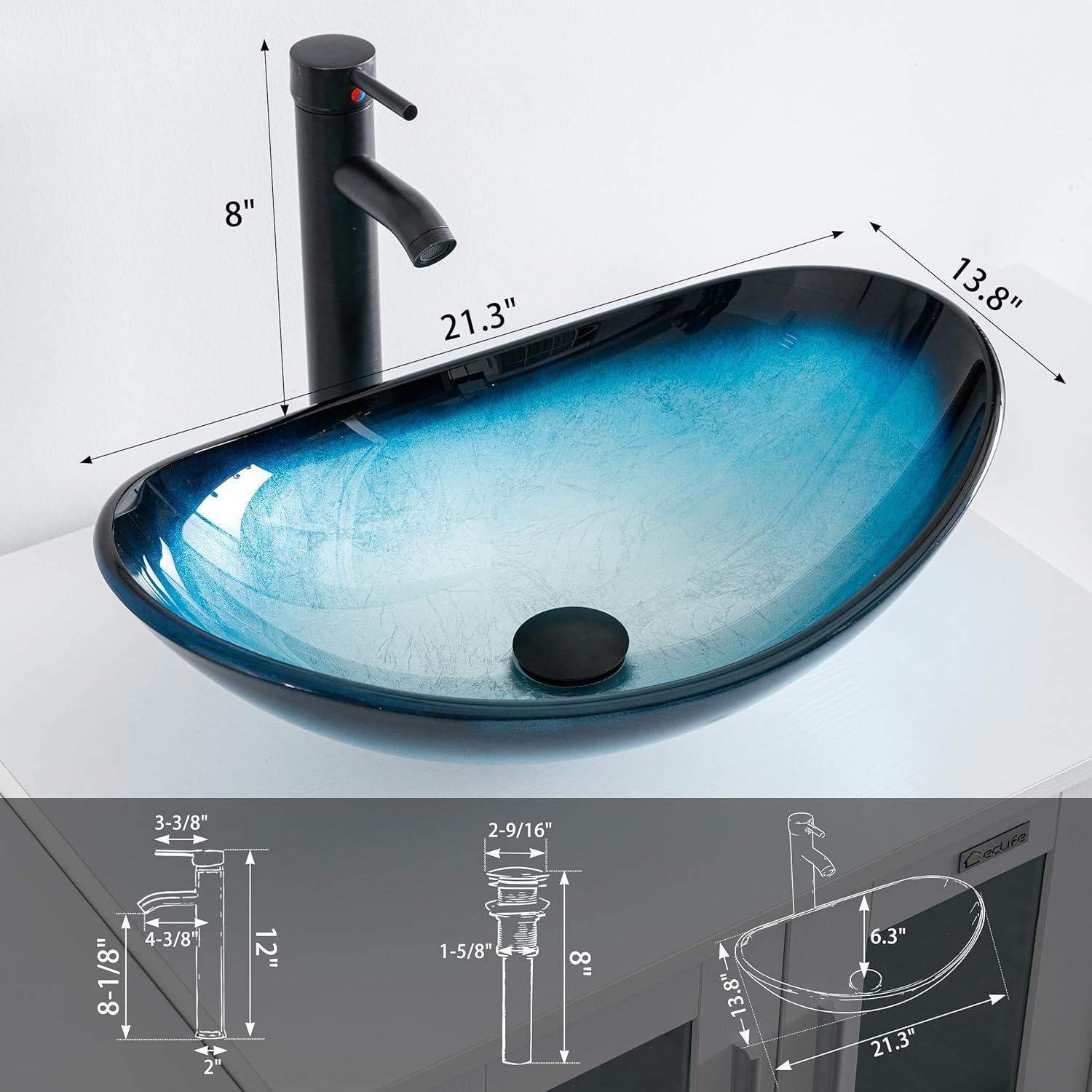 Turquoise Glass Above-Counter Vessel Sink with Faucet and Drain