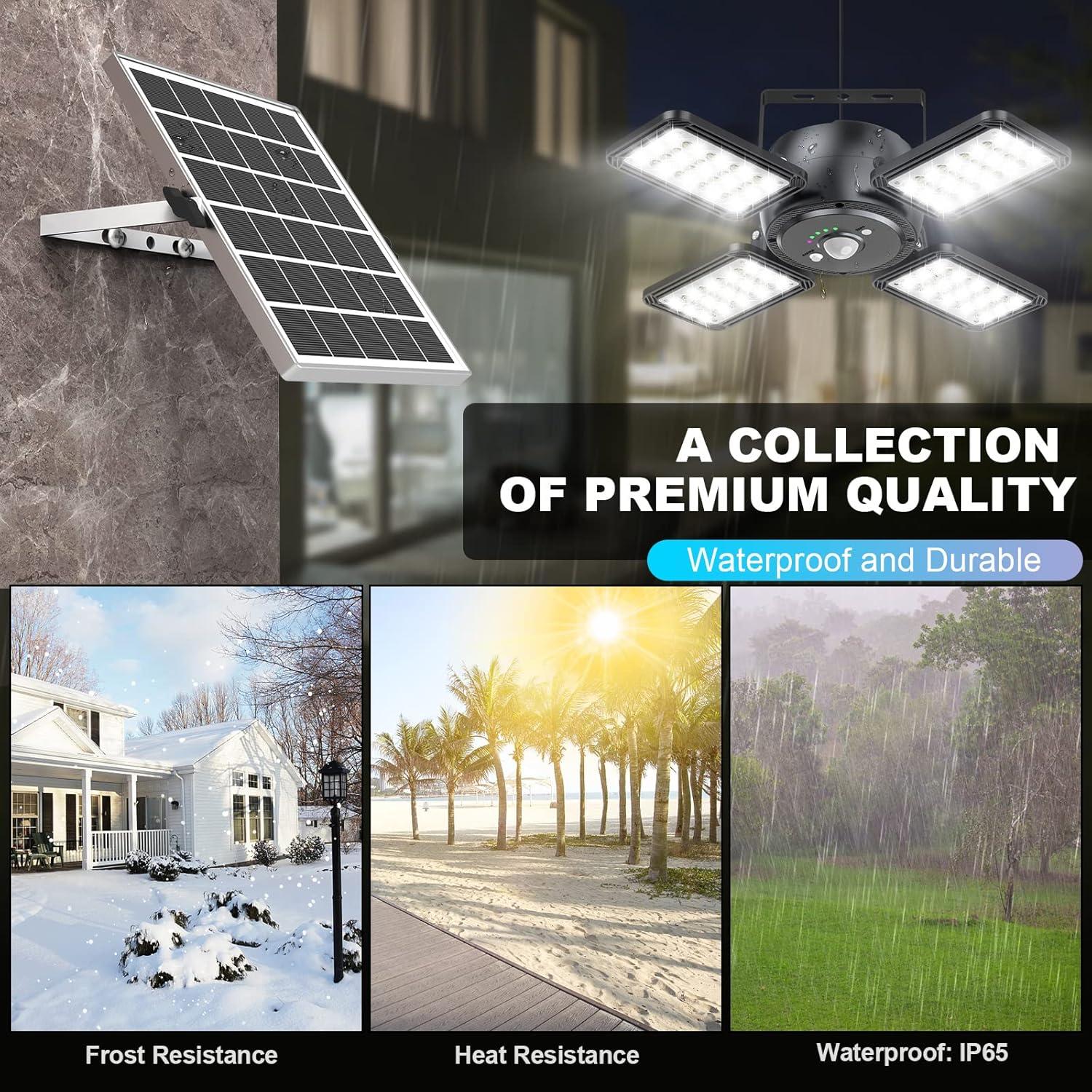 Solar Shed Light Outdoor Indoor Solar Powered Motion Sensor Pendant Light,144LED 1200LM Daytime Work with 5 Modes & Remote Control 4 Heads IP65 Waterproof for Garage Barn Shop 2 Pack