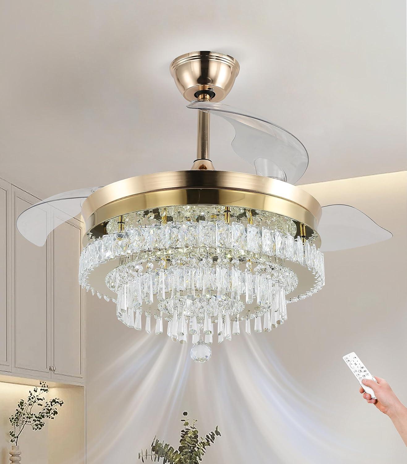 HOOMEDELIER 42" Chandelier Ceiling Fan with Remote, Crystal Beads Framed Fan with 4 Retractable Blades Smart Indoor Fandelier Fan