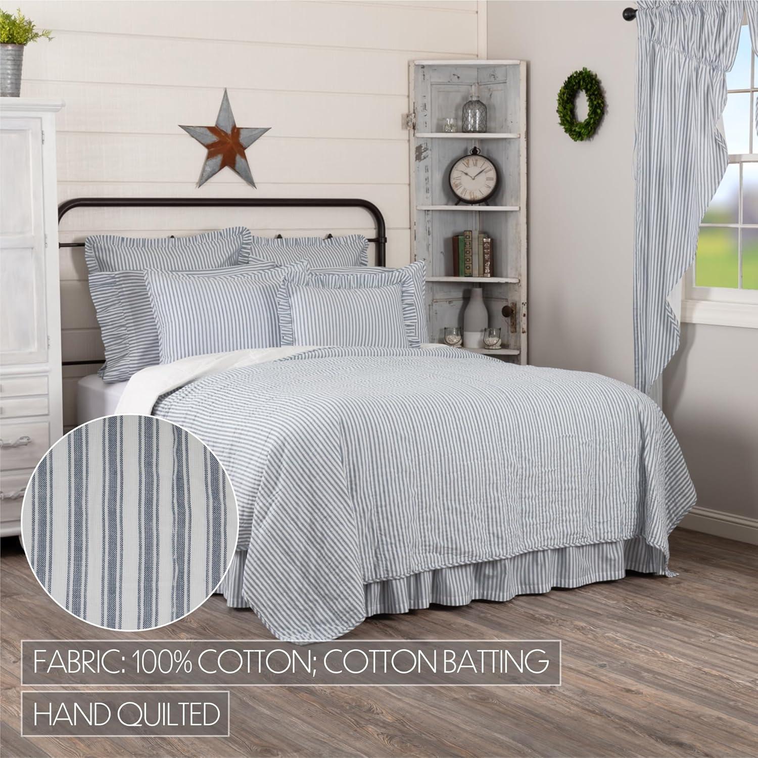 VHC Brands Sawyer Mill Ticking Striped Cotton Farmhouse Pre-Washed King Bedding Accessory, Quilt 105x95, Blue Denim