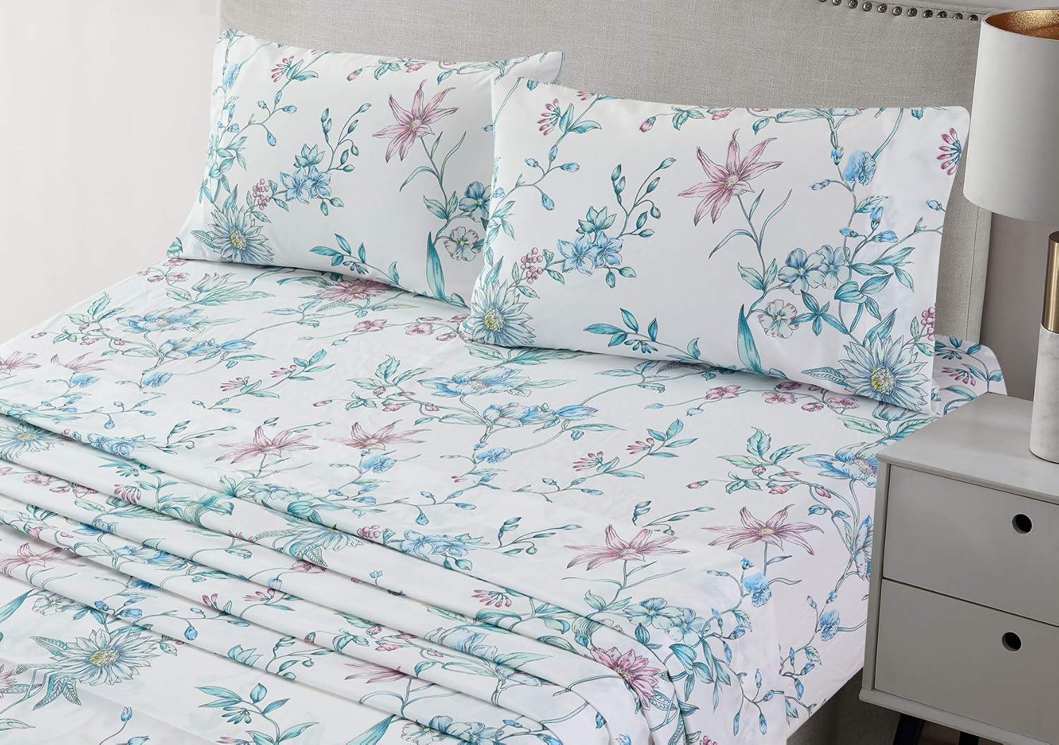 White and Blue Floral Queen Microfiber Sheet Set with Deep Pockets