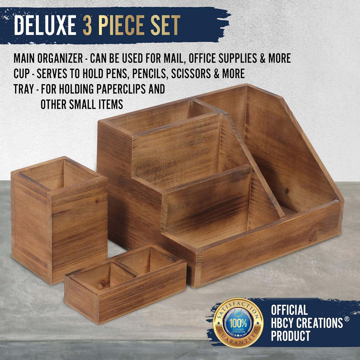 HBCY Creations 3 PIECE Rustic Brown Wooden Desk Organizer Set- Rustic Mail Organizer For Desktop - Great For Rustic or Industrial Decor! Makeup Organizer For Vanity