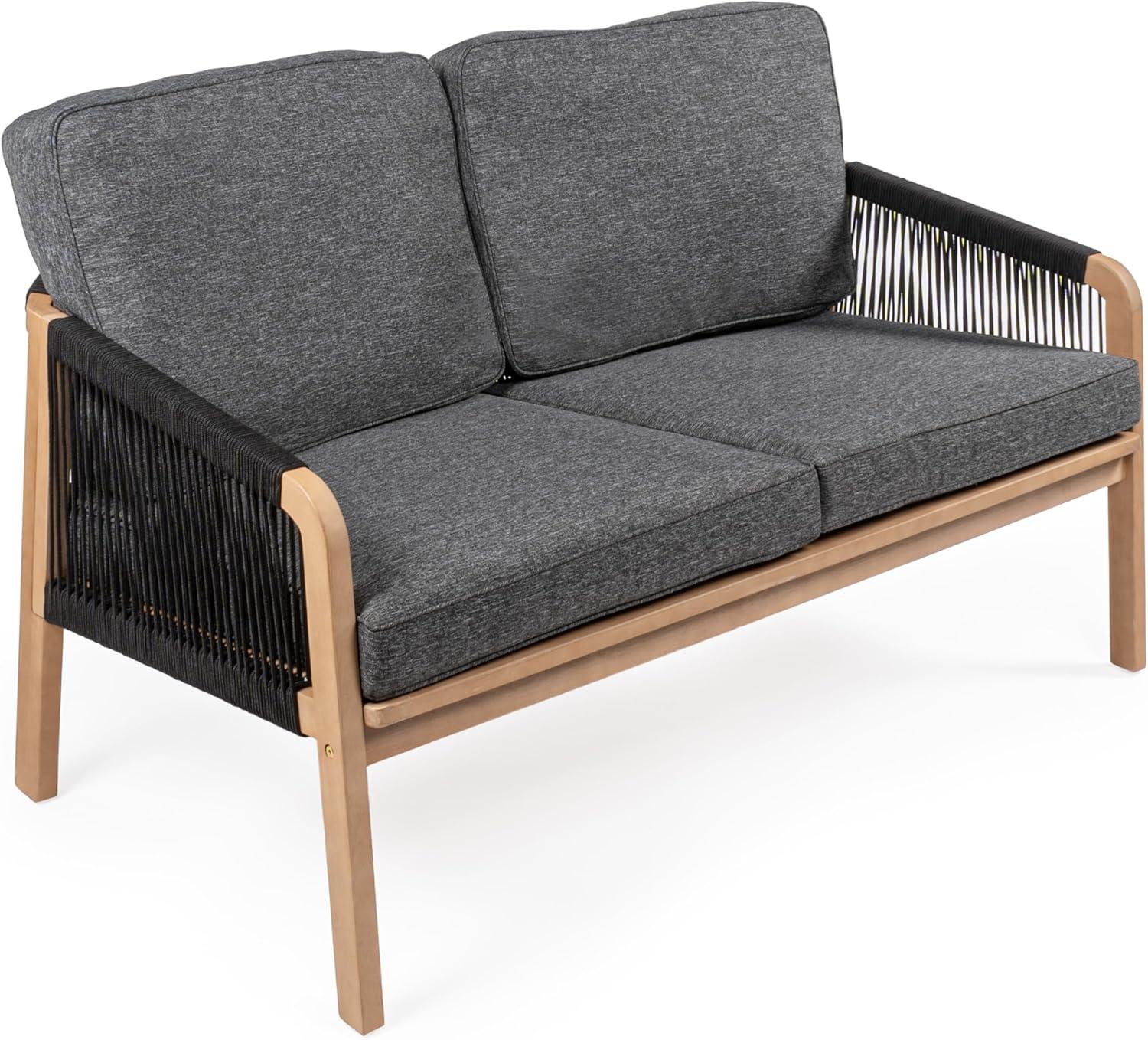 Arwen Modern Bohemian Roped Acacia Wood Outdoor Loveseat with Cushions - JONATHAN Y