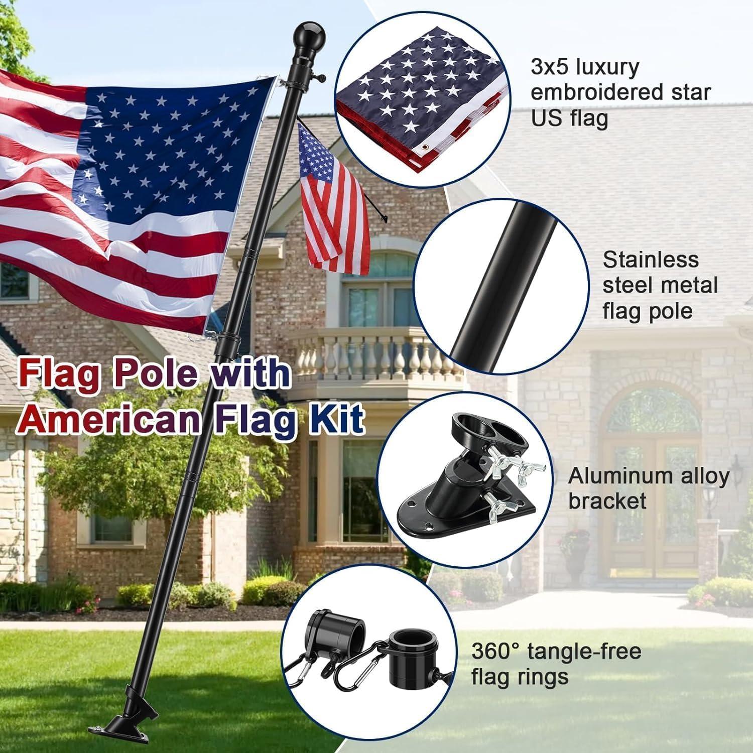 AEASKIEY 5FT Tangle Free Stainless Steel Metal Flag Pole (Black) with 3x5 Embroidered US Flag and Bracket.