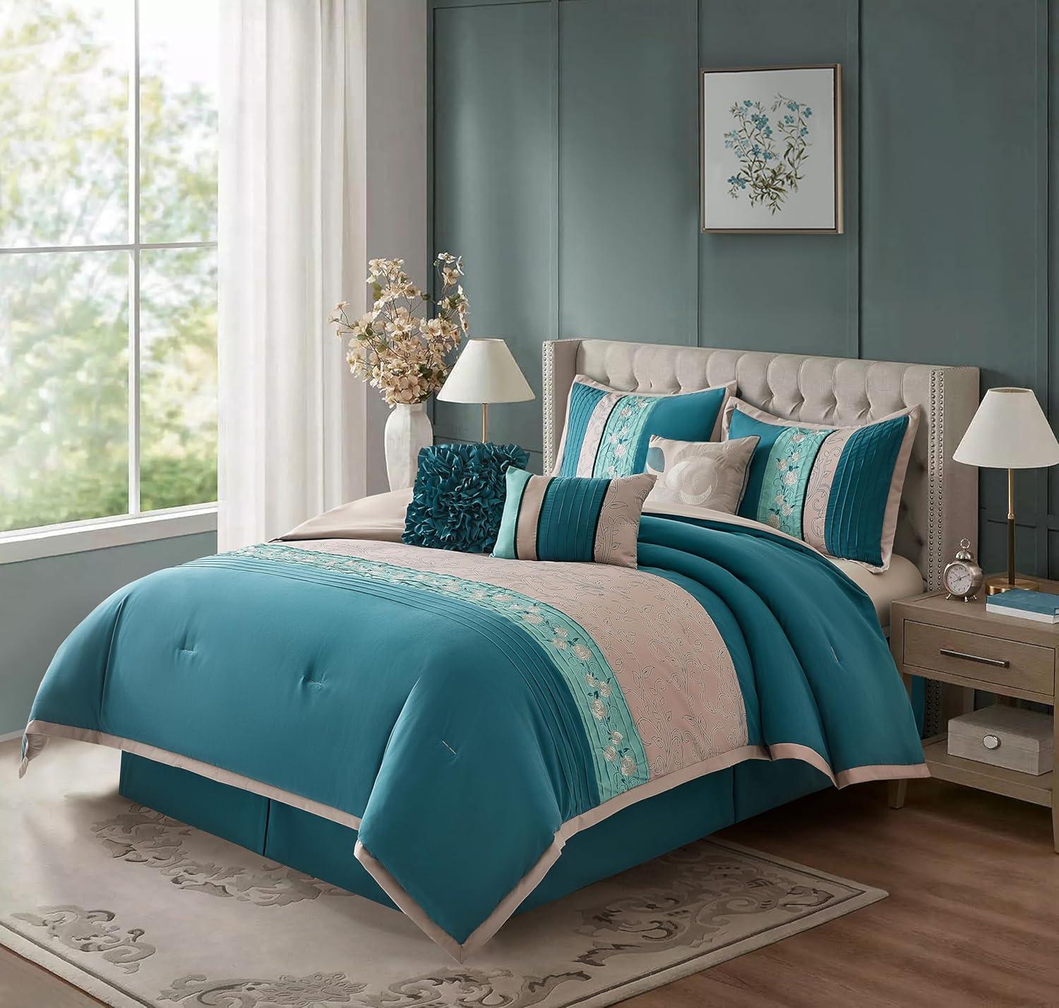 Lanco Dolores 7-Piece California King Comforter Set, Teal, Floral Fill Material 100% Polyester, All Season Premium Bedding Set