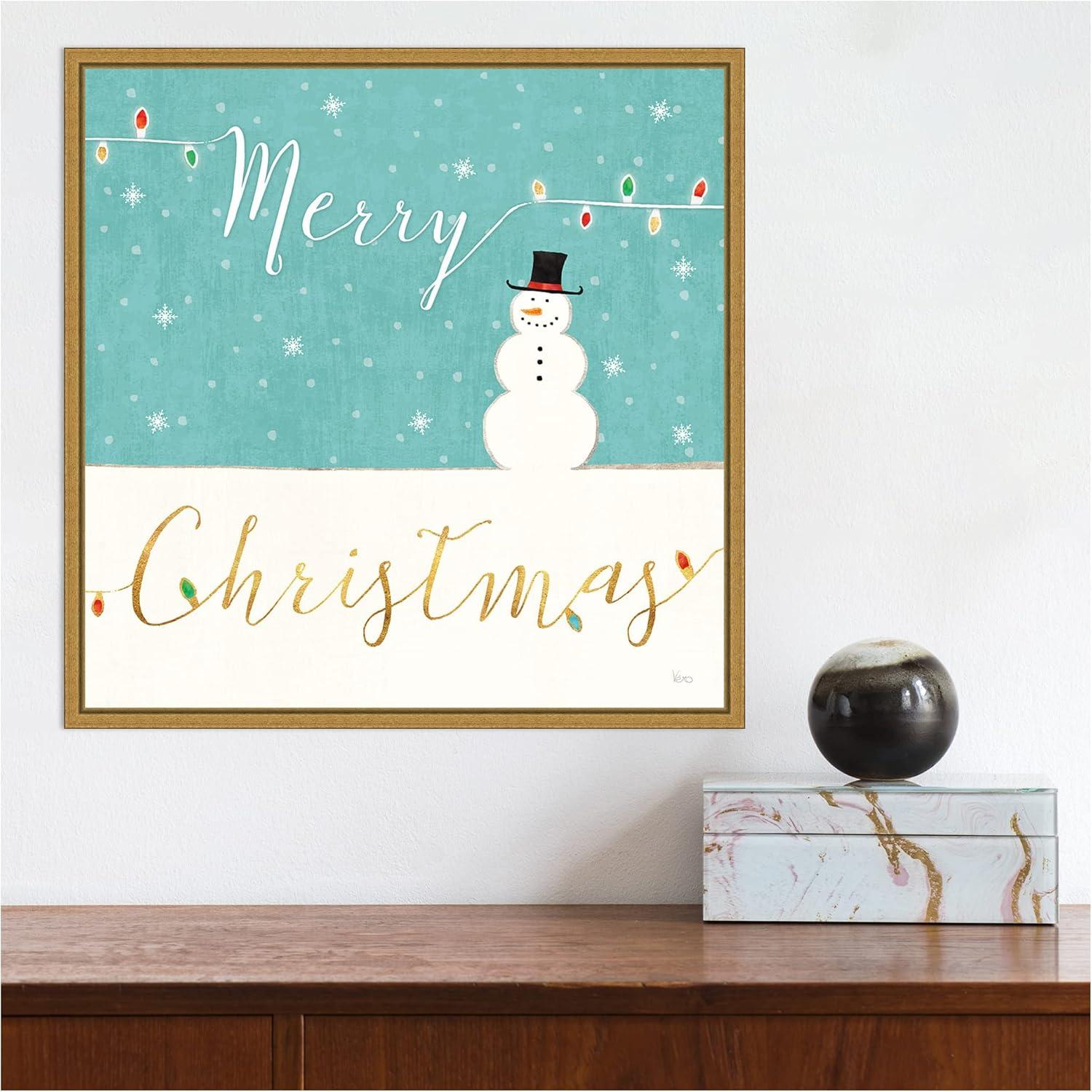 Merry Christmas Snowman Canvas Print with Gold Frame