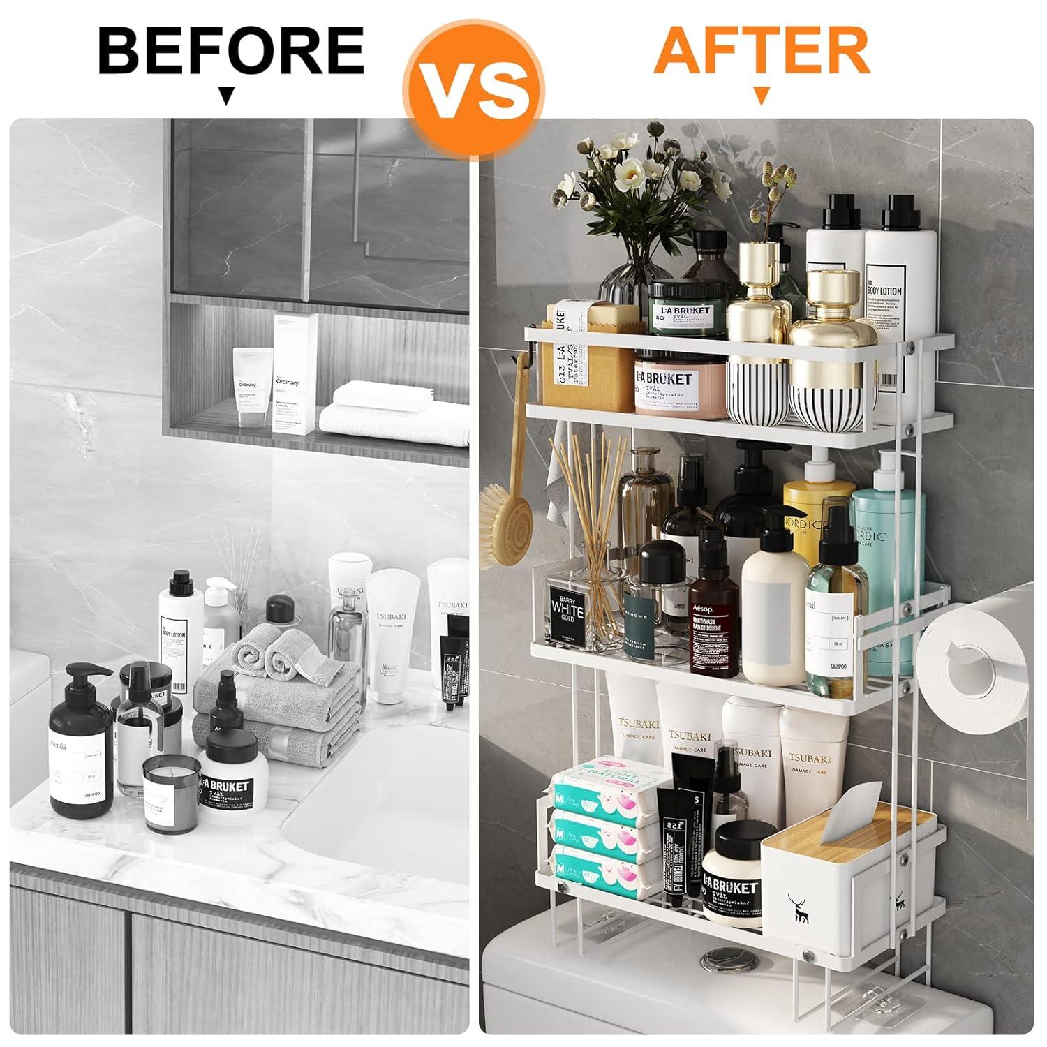 Over Toilet Bathroom Organizer,Over The Toilet Storage Shelf, Toilet Shelf with Toilet Paper Holder,Bathroom Shelf Over Toilet,3 Tier Toilet Storage Rack White Metal