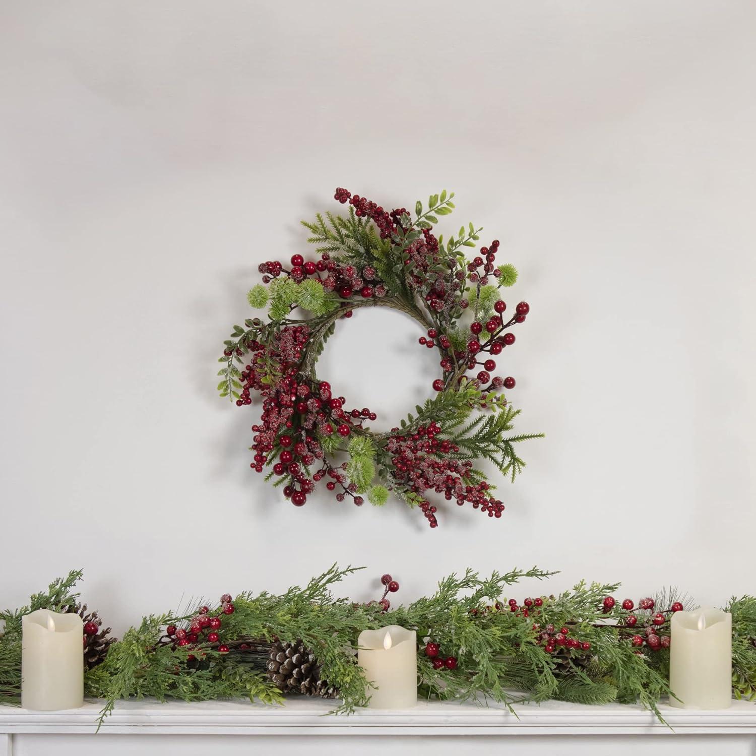 Artificial Frosted Red Berry and Pine Christmas Wreath 16-Inch Unlit