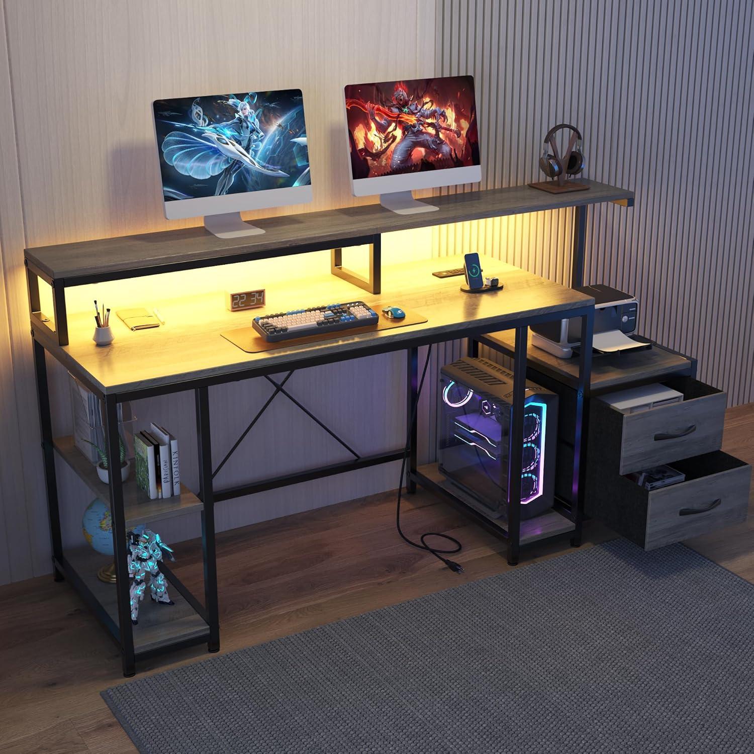 Computer Gaming Desk with File Drawers, 63'' Home Office Desk with Power Outlets & LED Light, Printer Space, Monitor Stand, and Storage Shelves, Ideal for Work Game Study