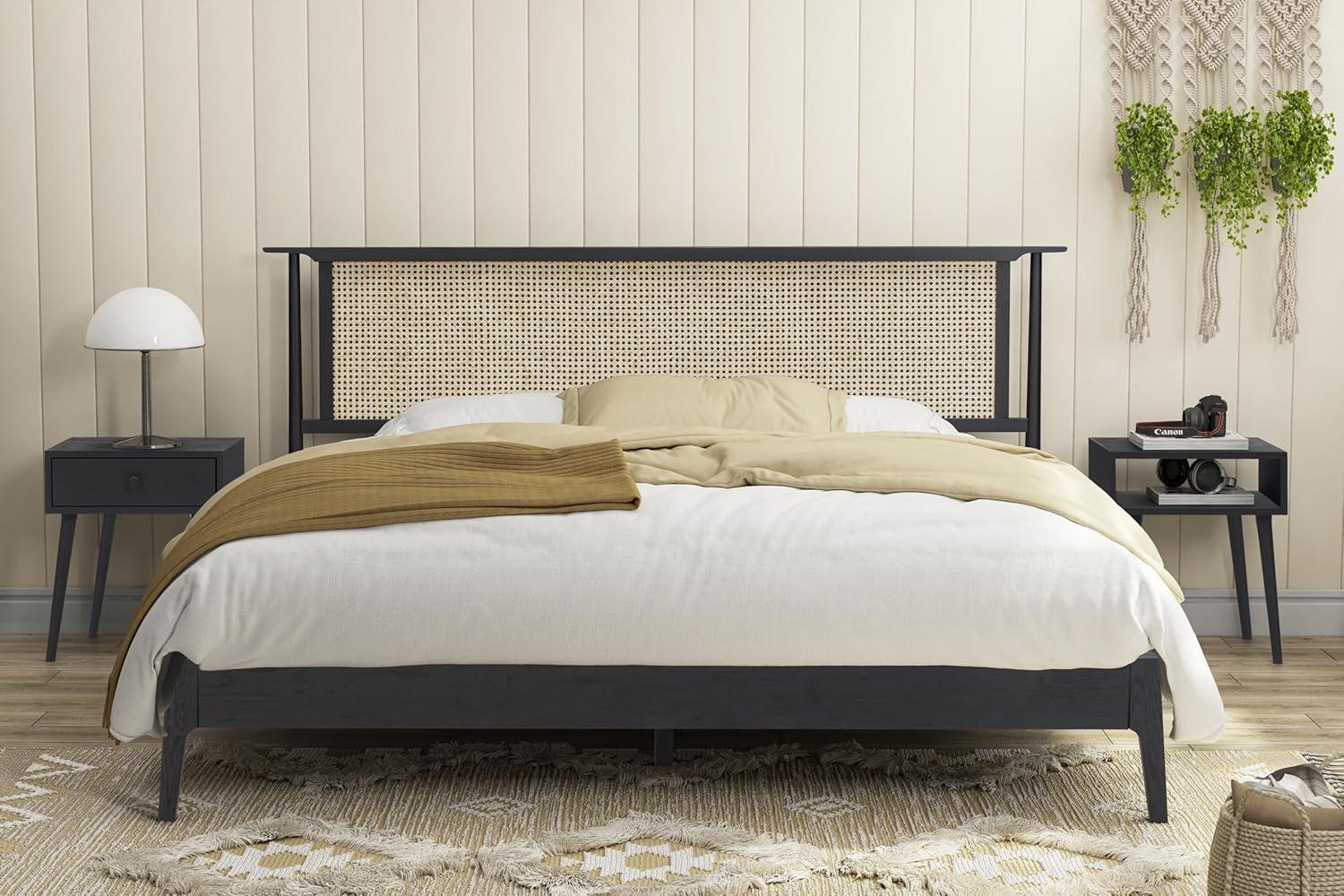 Ruby Wooden Bed Frame With Headboard And Natural Rattan, 1000 Lb Capacity