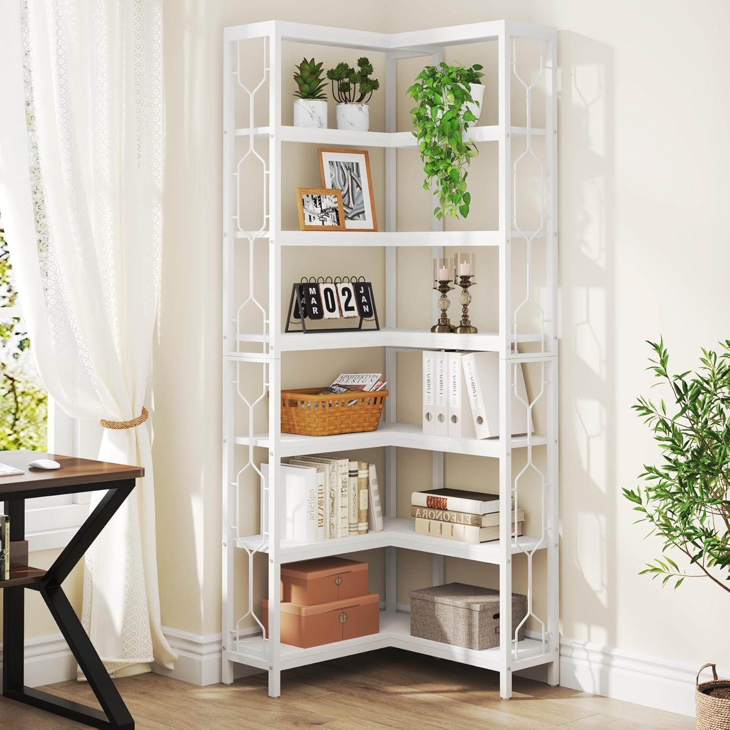 Tribesigns 7-Tier L-Shaped Bookshelf, Wood Corner Etagere Bookcase, Freestanding Display Shelving Unit, White
