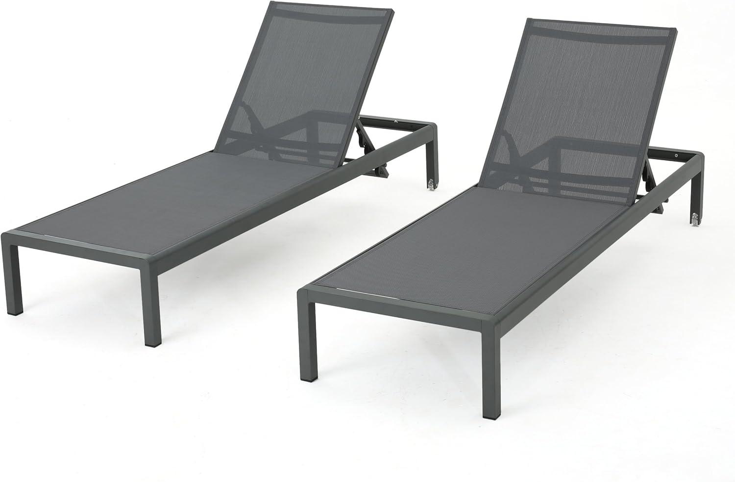 Gray Aluminum Outdoor Chaise Lounge with Dark Mesh Seat, Set of 2