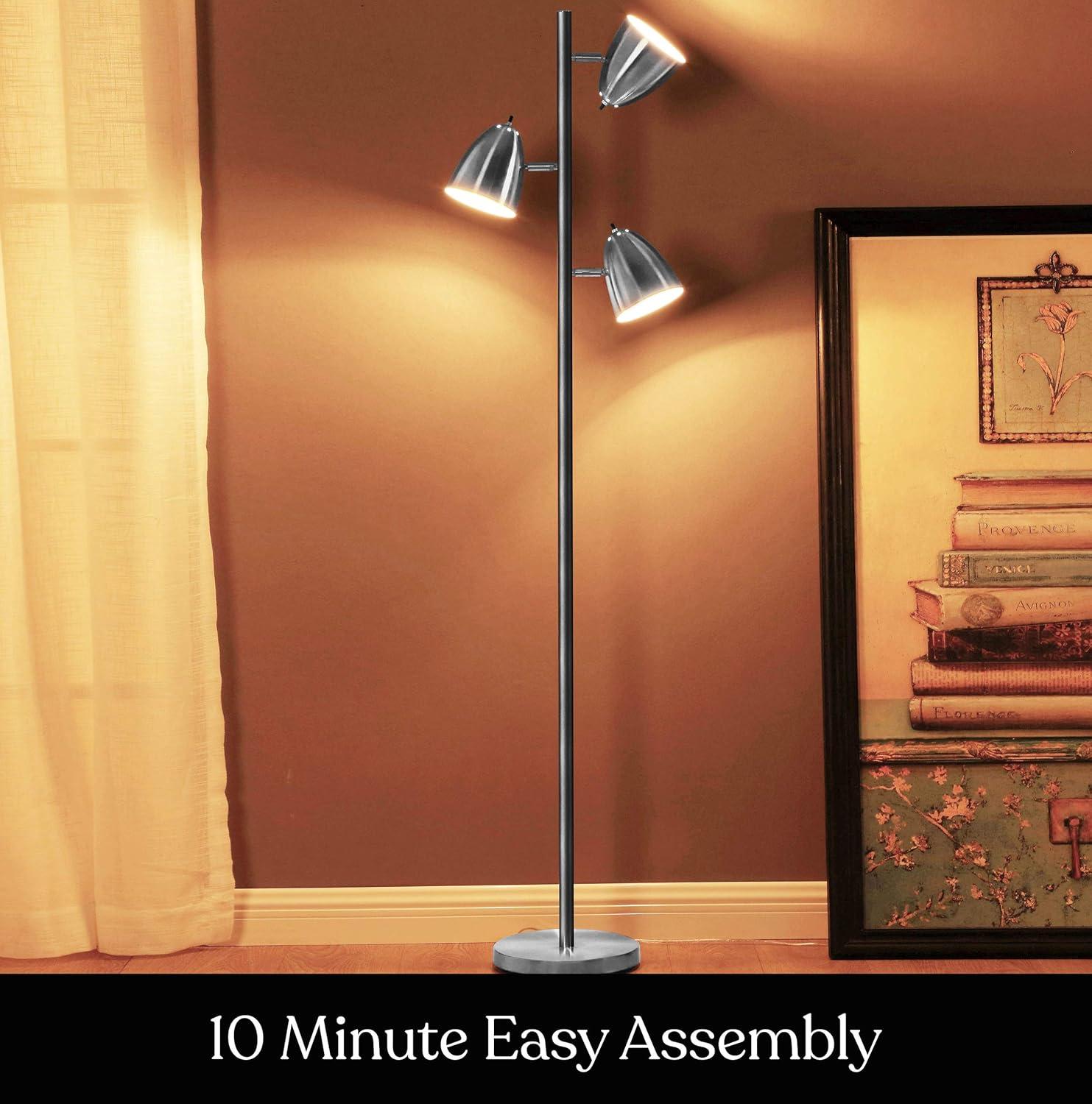 Brightech Jacob 64" Modern 3-Light Adjustable LED Floor Lamp with Silver Finish and Metal Cone Shades, Bulbs Included