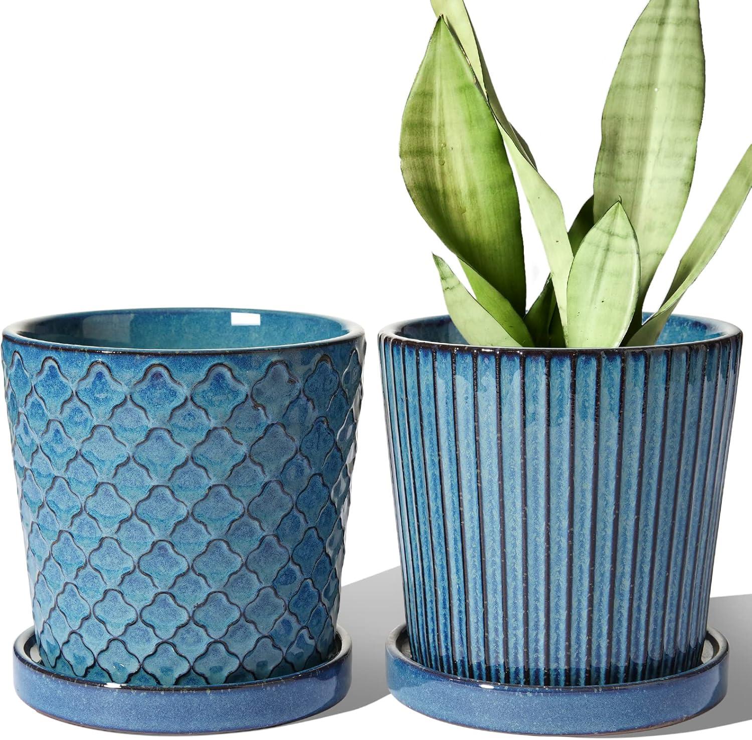 BEMAY 5.5" Plant Pots, Ceramic Indoor Planters with Drainage and Tray, Set of 2 Flower Pots for Succulent,Plants, Reactive Glaze Blue