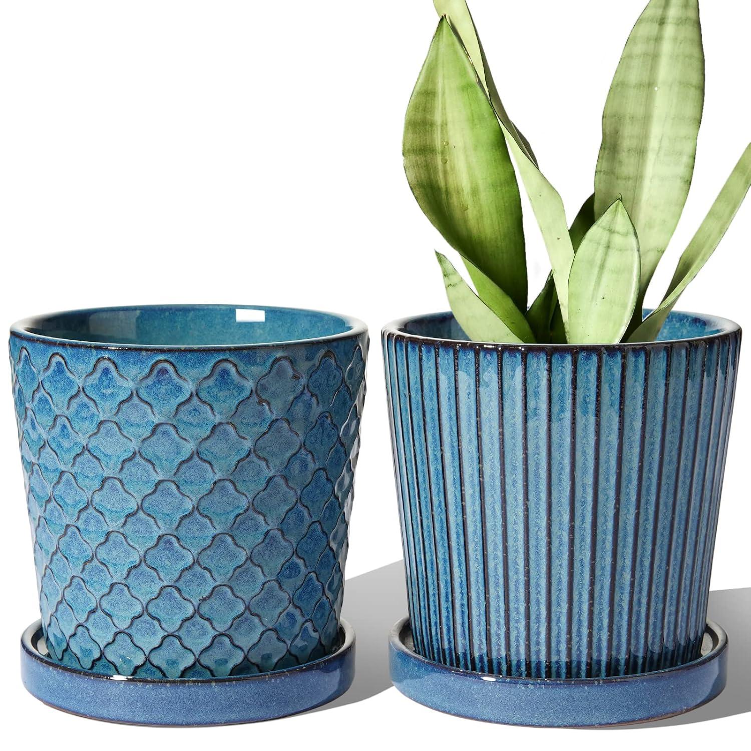 BEMAY 5.5" Plant Pots, Ceramic Indoor Planters with Drainage and Tray, Set of 2 Flower Pots for Succulent,Plants, Reactive Glaze Blue