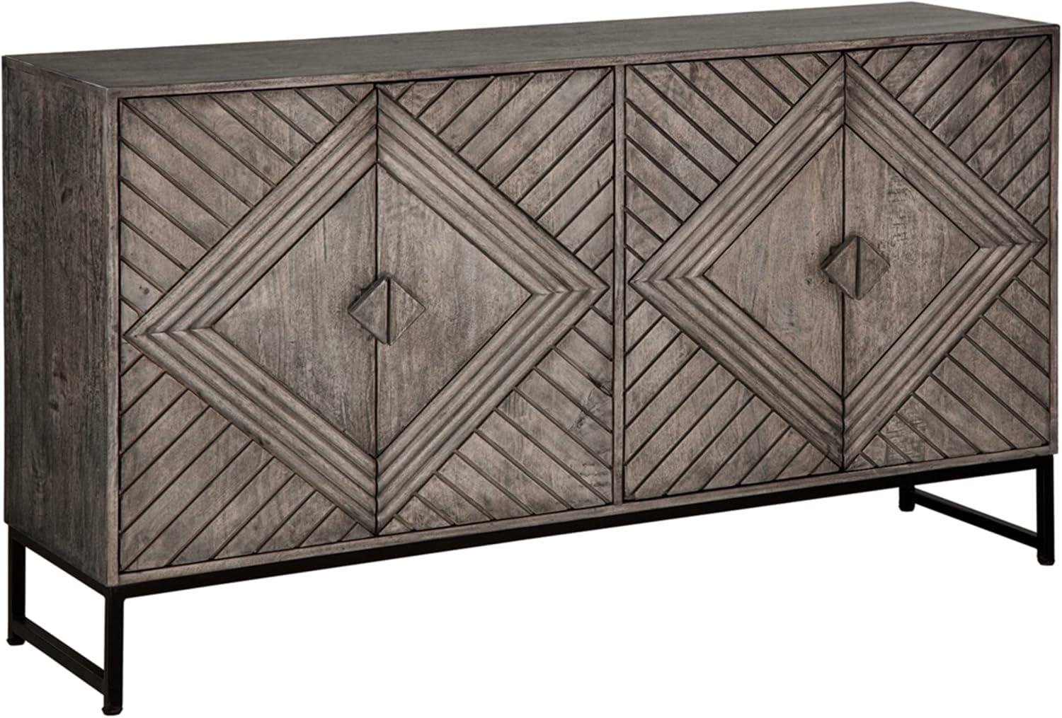 Distressed Gray Wood Accent Cabinet with Art Deco Doors