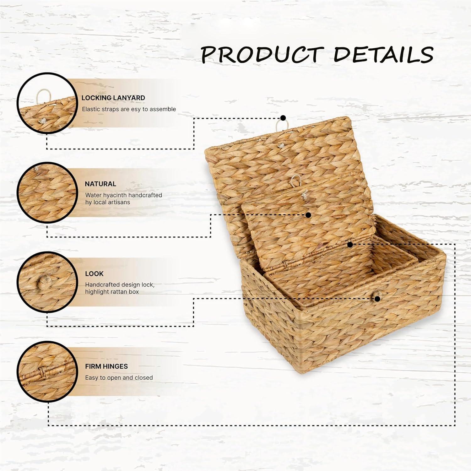 Set Of 2 Rectangular Wicker Storage Bins With Lid, Rattan Basket Decorative Boxes, Multipurpose Organizer Rattan Display Boxes For Shelf Organizer, Boho Rattan Box For Home Decoration