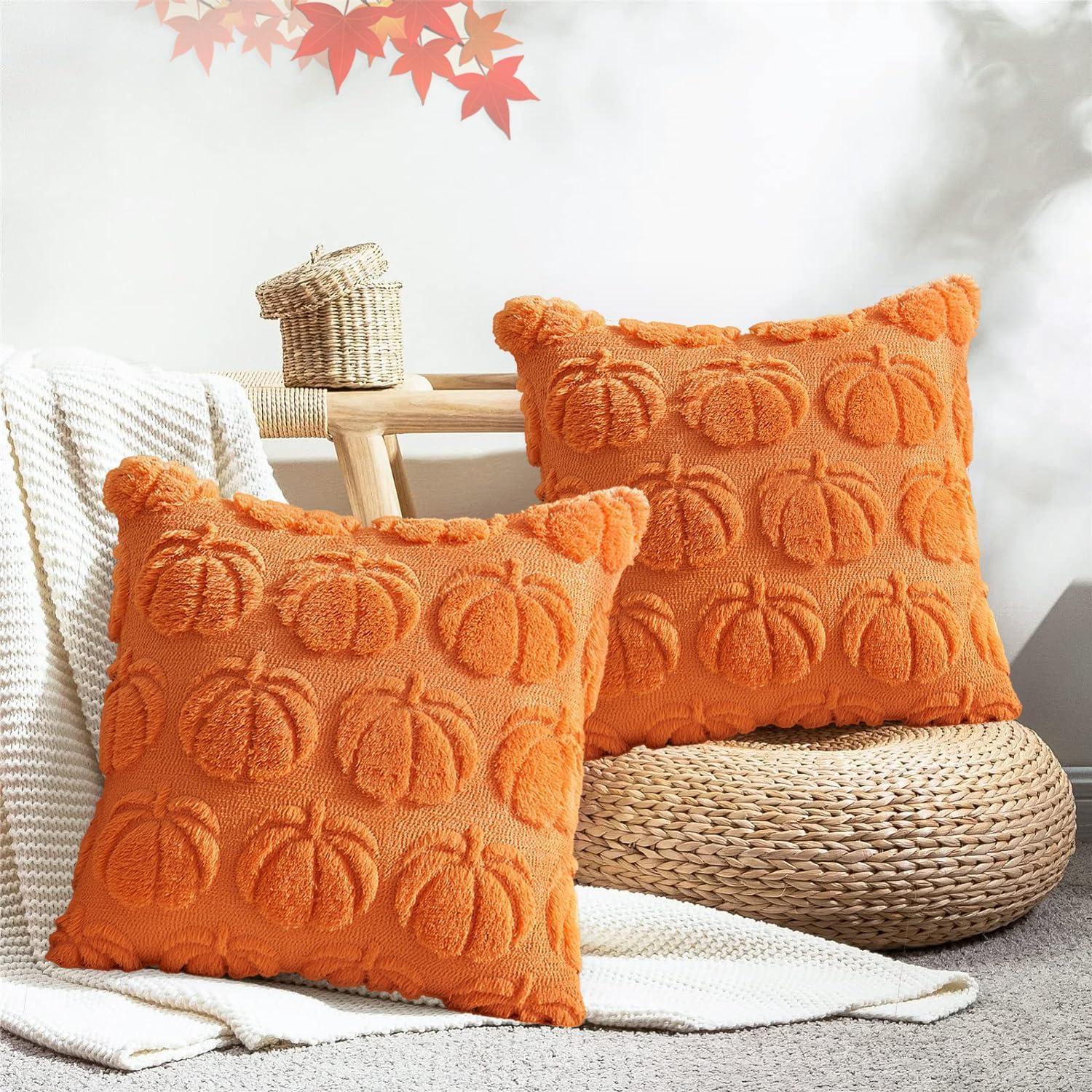 TQWQT Fall Pillow Covers 18x18 Set of 2 Fall Decorations Autumn Rust Pumpkin Throw Pillow Cases Soft Plush Faux Fur Wool Couch Cushion Case for Chair Sofa Bedroom Living Room Home Decor