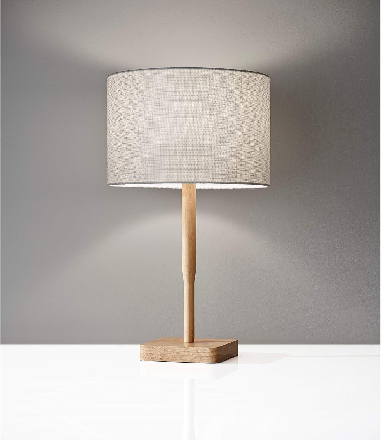 Natural Rubber Wood Table Lamp with Gray Drum Shade