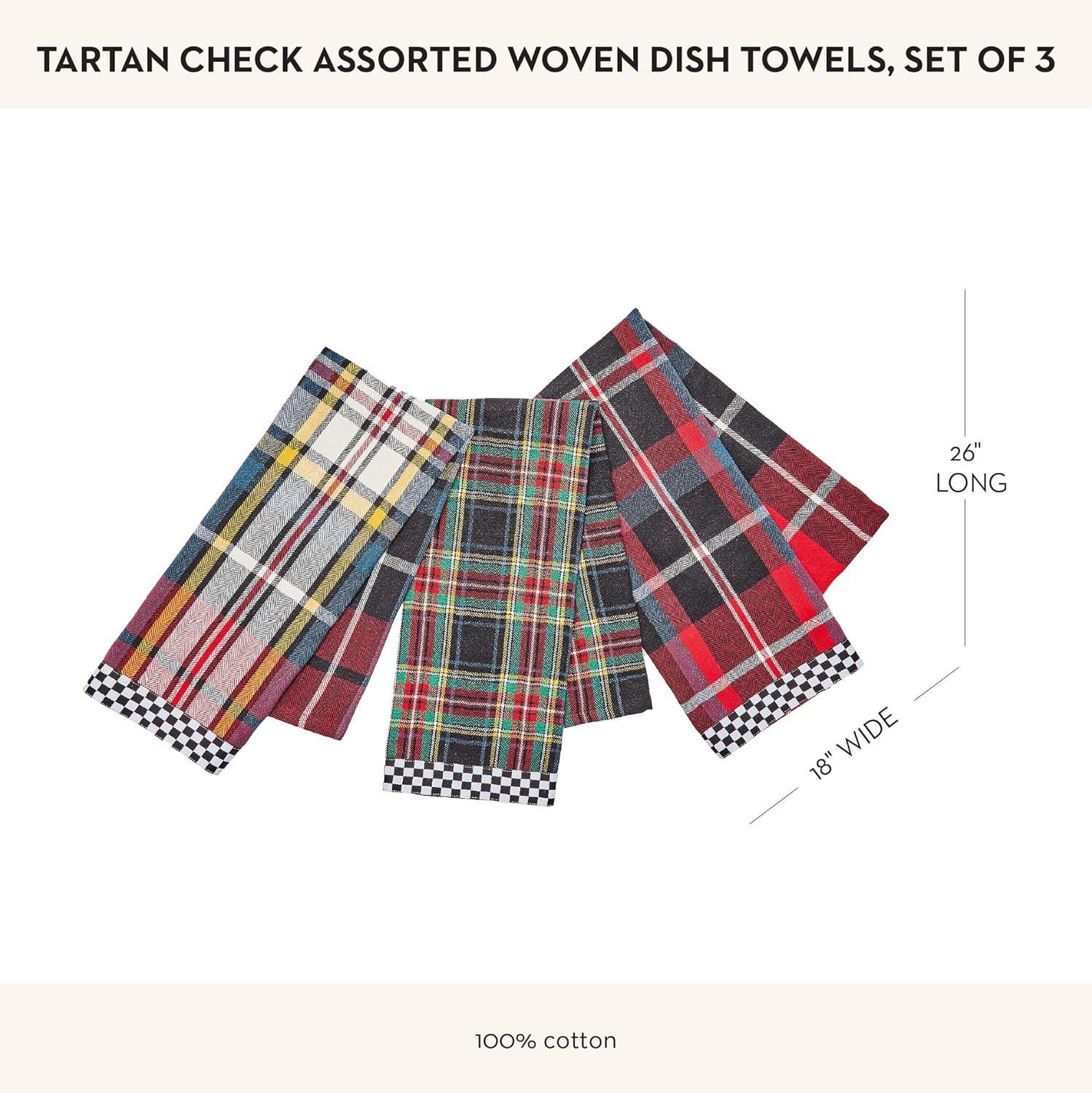 Tartan Check Cotton Dish Towels Set of 3 with Black and White Trim