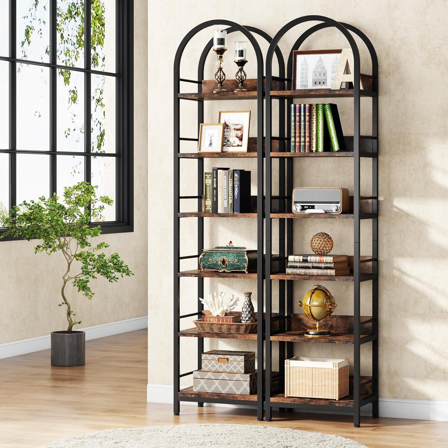 Tribesigns 6-Tier Open Bookshelf, 78.7" Tall Arched Bookcase Narrow Bookshelf, Rustic Brown