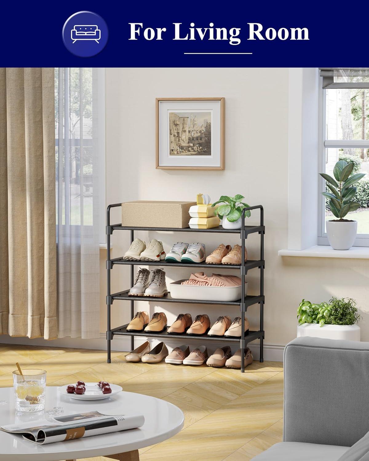 Kitsure 4-Tier Shoe Rack - Metal Shoe Organizer and Shoe Shelf with Handle, Easy-Assembly, Sturdy Shoe Rack for Closet, Entryway, Bedroom (Black, 26.6'' x 11.4'' x 29.5'')