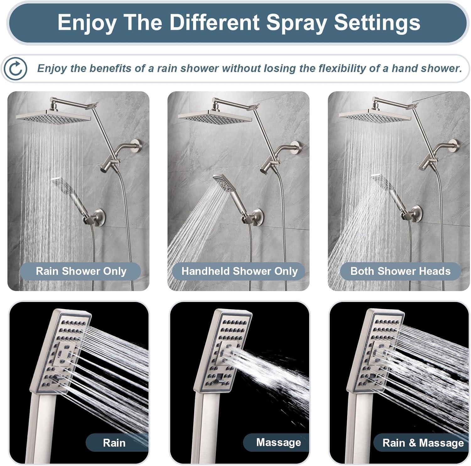 BRIGHT SHOWERS Rain Shower Head Combo, 8" Rainfall Shower with Handheld Spray, 60" Hose, 3-Way Diverter, Wall Bracket, Brushed Nickel