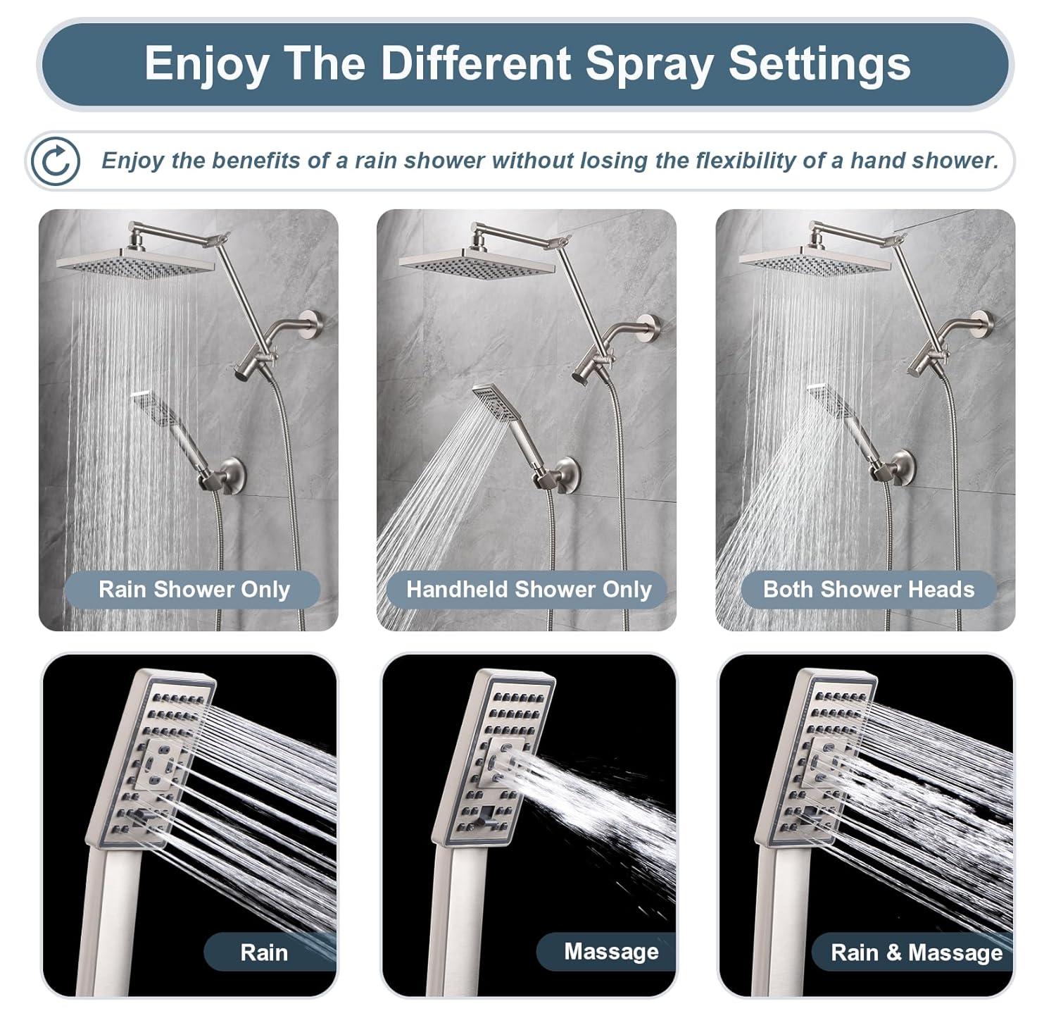 BRIGHT SHOWERS Rain Shower Head Combo, 8" Rainfall Shower with Handheld Spray, 60" Hose, 3-Way Diverter, Wall Bracket, Brushed Nickel