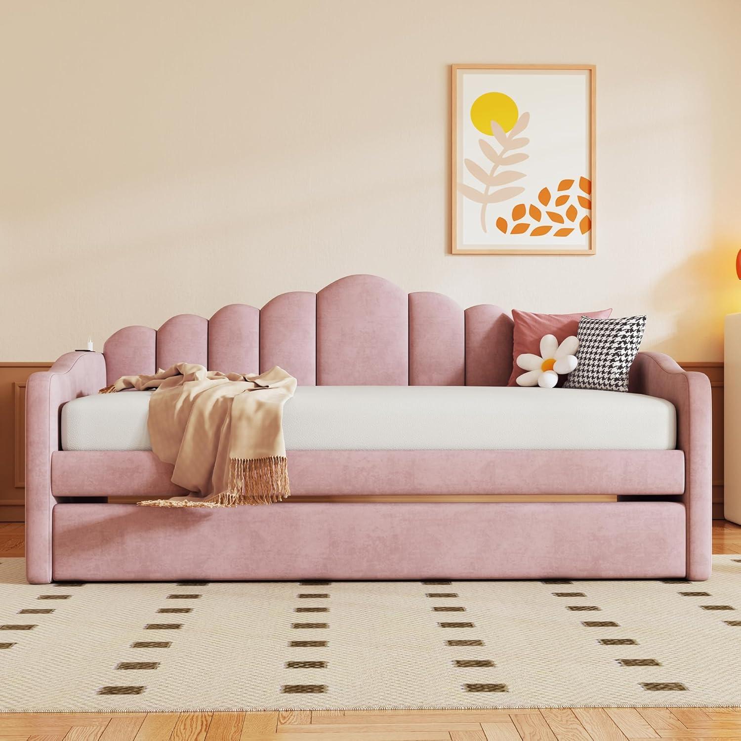 Pink Velvet Twin Daybed with Trundle and Storage