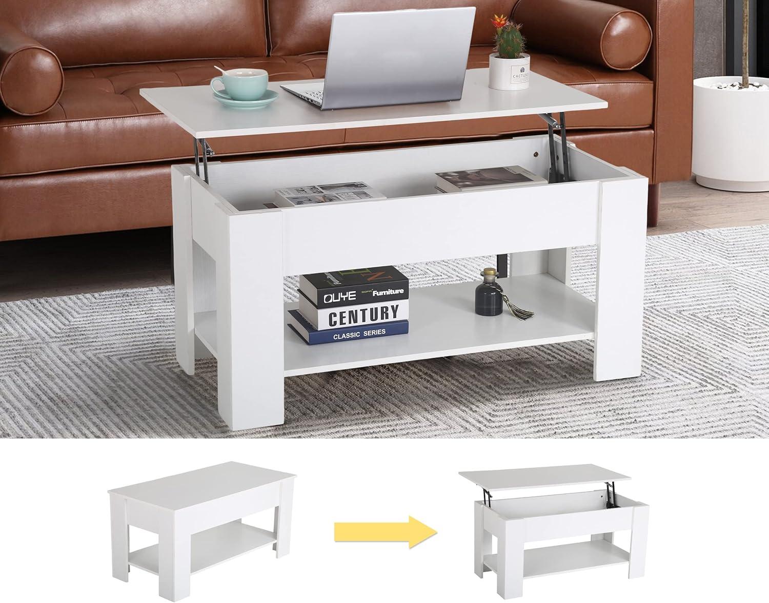FDW Coffee Tables with Hidden Compartment and Storage Shelf Wooden Lift Tabletop Dining Table for Living Room Home (White)