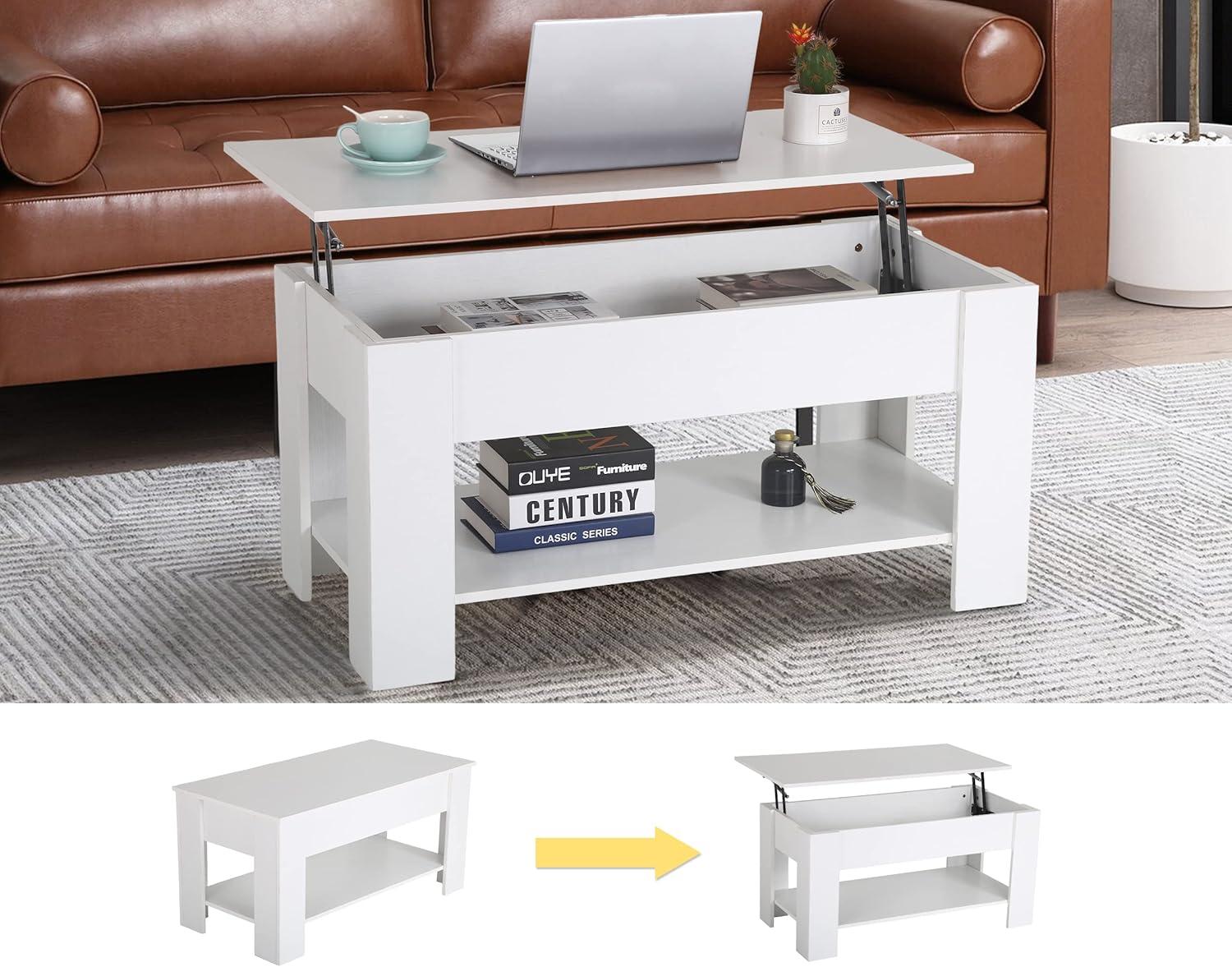 FDW Coffee Tables with Hidden Compartment and Storage Shelf Wooden Lift Tabletop Dining Table for Living Room Home (White)