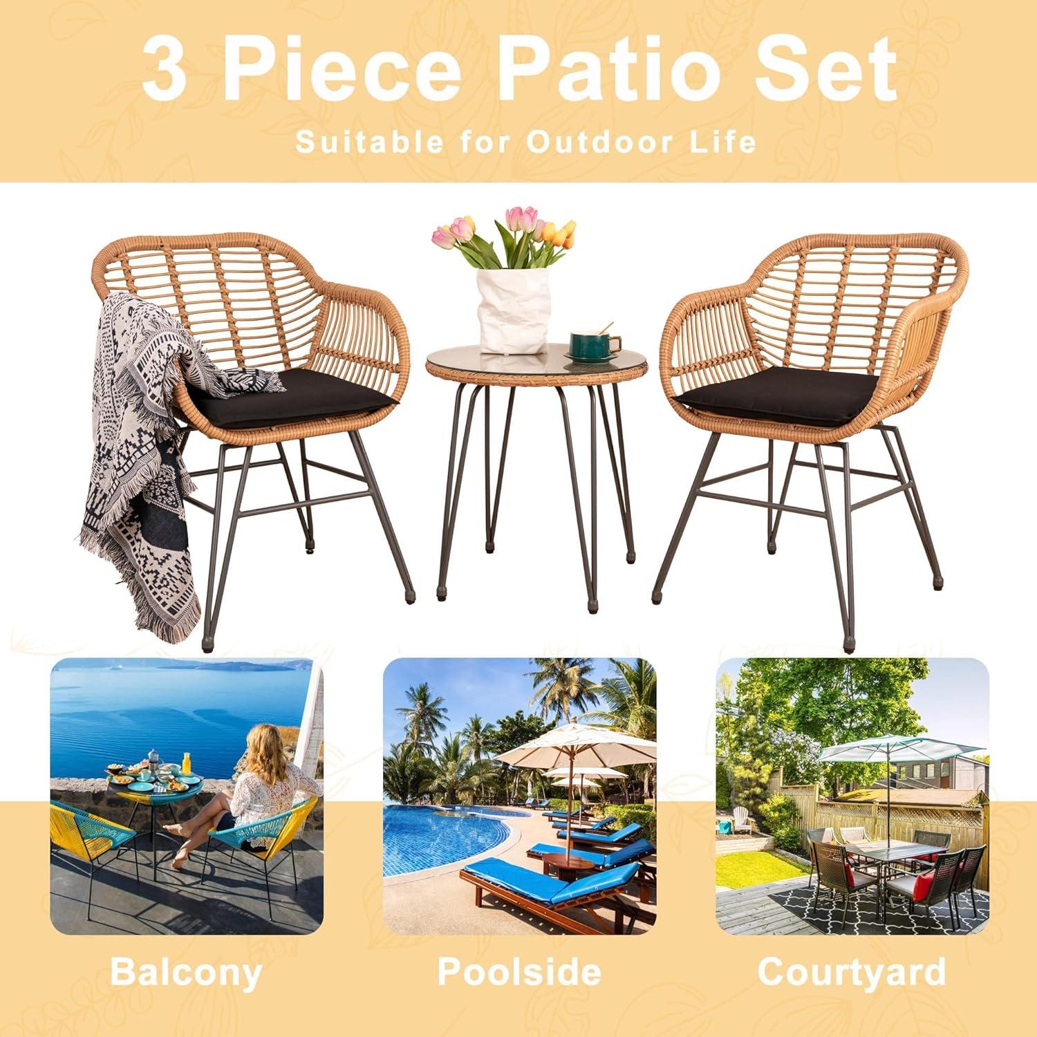 3 Piece Outdoor Wicker Furniture Patio Bistro Set, Balcony Furniture Rattan Conversation Sets, Outdoor Patio Chairs Set for Porch Poolside Garden, Black