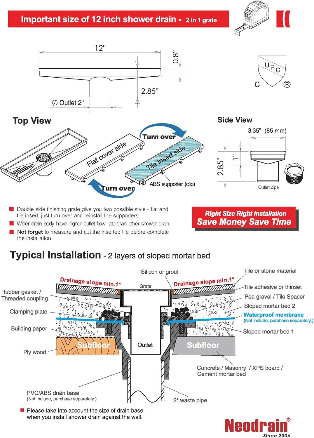 Neodrain 12-Inch Linear Shower Drain with 2-in-1 Flat & Tile Insert Cover, Brushed 304 Stainless Steel Rectangle Shower Floor Drain,Floor Shower Drain with Hair Strainer 12 In Stainless Steel