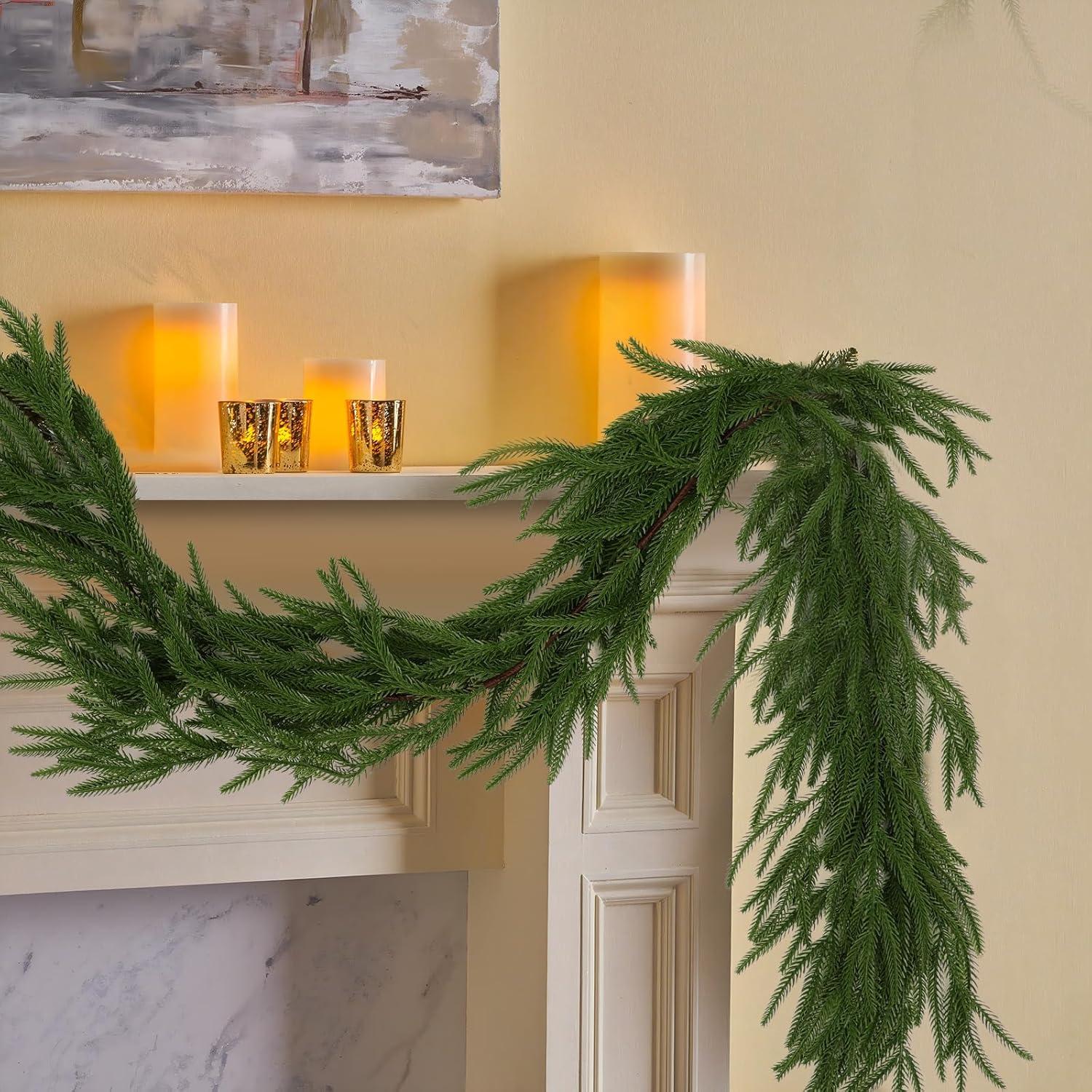 Seasonal Offers 2 Pcs Artificial Norfolk Pine Garlands, Real Touch Winter Pine Garland, Green Artificial Greenery Garland for Table, Mantle, Wall, Indoor, Outdoor Christmas Decorations (2, 6 FT)