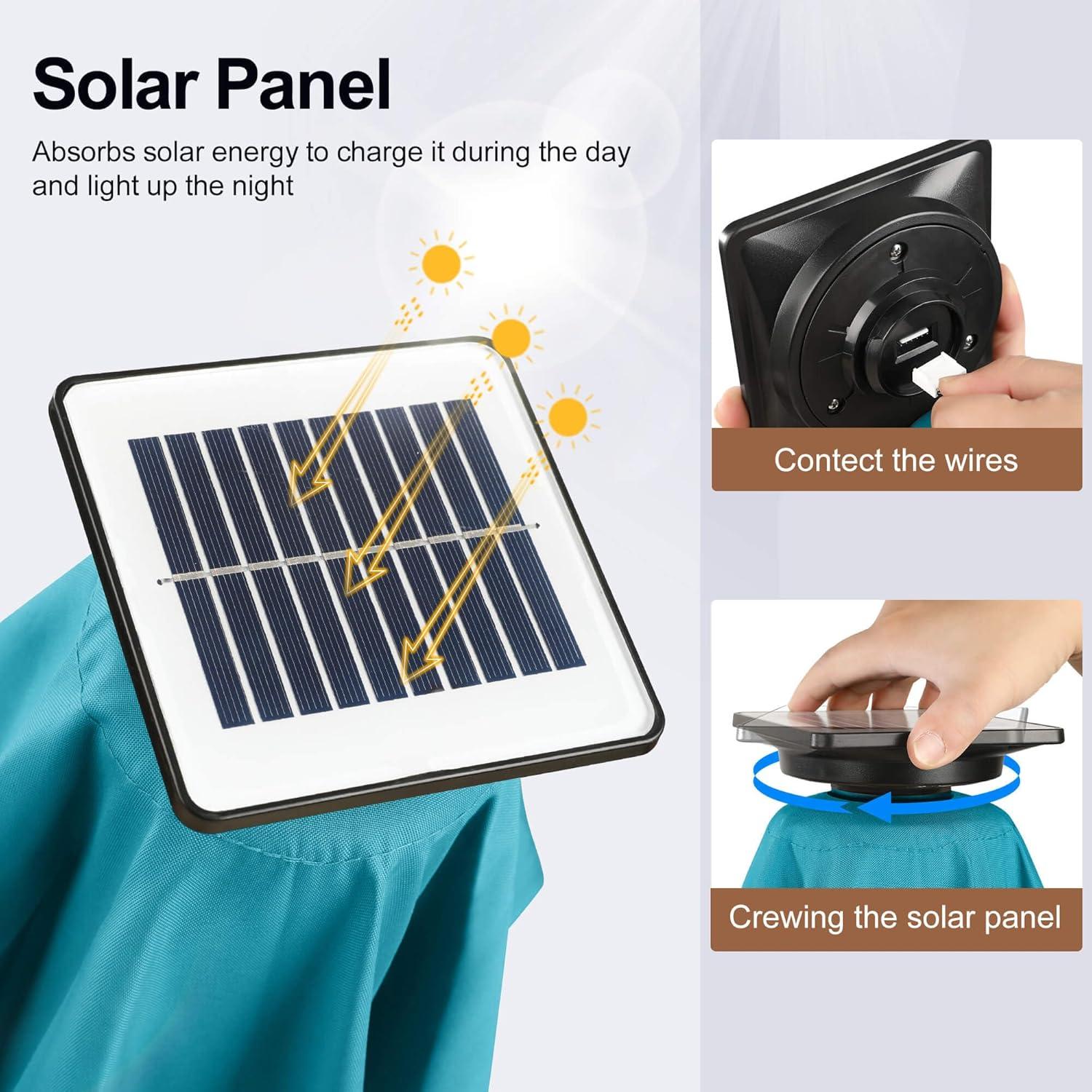 FLAME&SHADE 9 ft Half Round Solar Powered Outdoor Market Patio Table Umbrella for Wall Balcony with LED Lights and Tilt, Aqua Blue