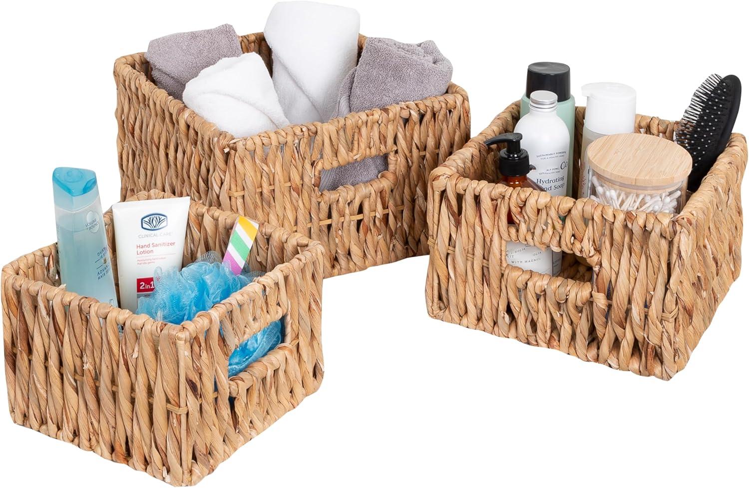 Set of 3 Natural Wicker Square Storage Baskets with Handles