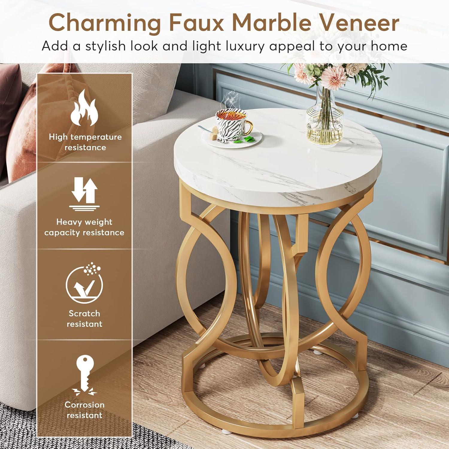 Tribesigns Morden Round End Table with Faux Marble White Top, 20" Sofa Side Table Coffee Table Cocktail Table with Unique Gold O-shaped Base for Living Room Bedroom