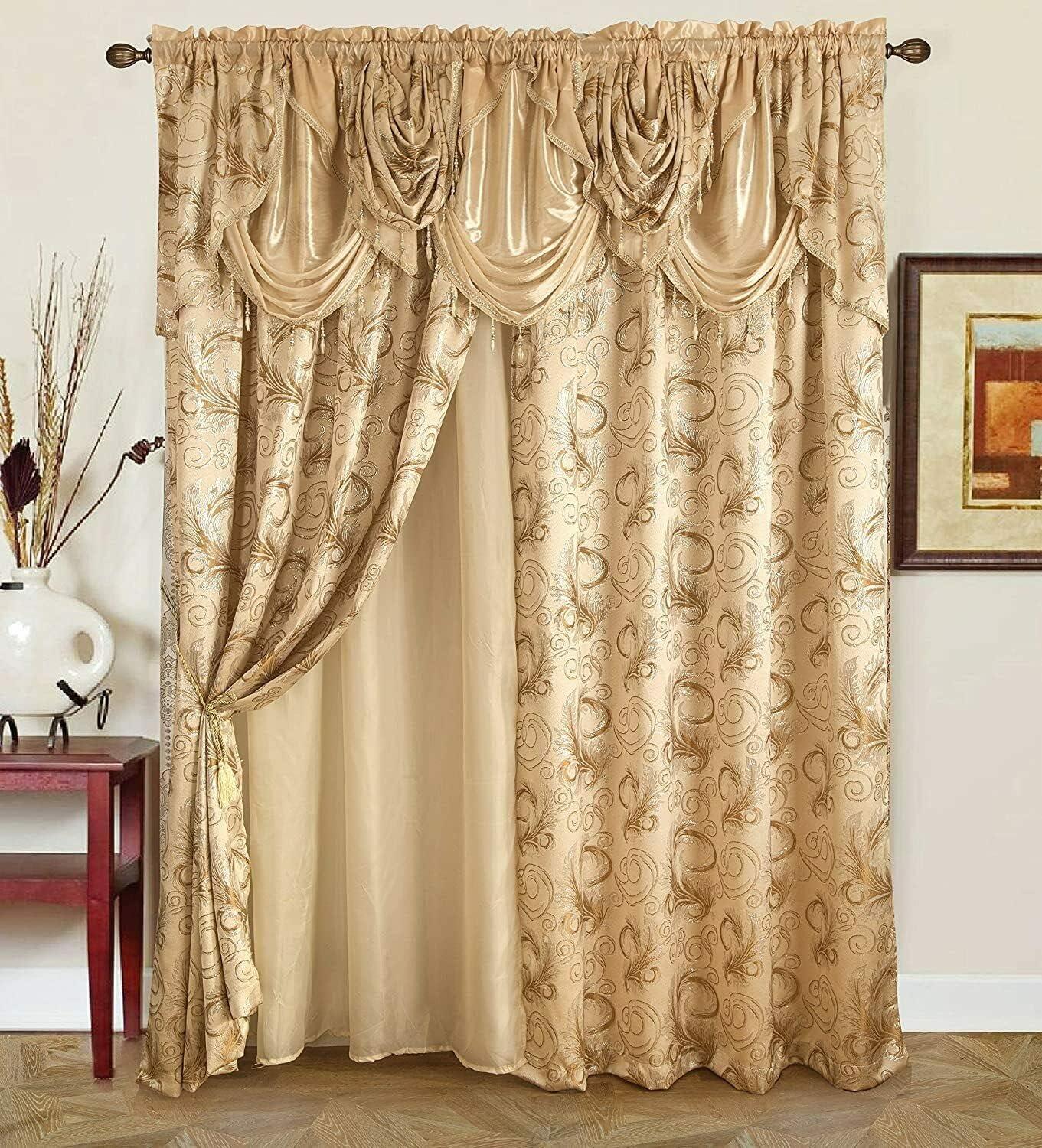 Beige Jacquard Luxury Rod Pocket Curtain Panel with Valance