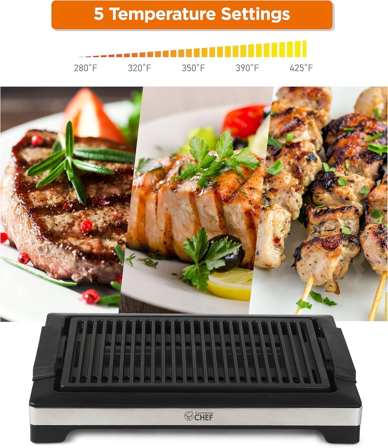 Commercial Chef COMMERCIAL CHEF Indoor Grill for Countertop Electric Grill with Adjustable Temperature Control