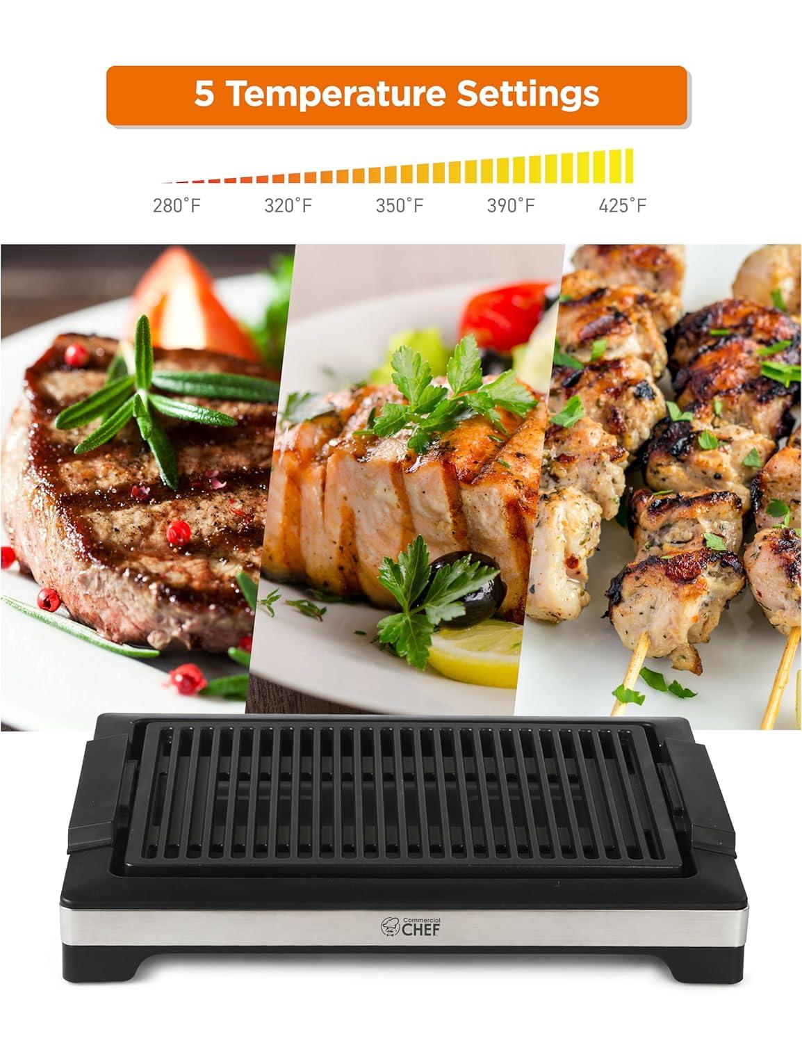 Commercial Chef COMMERCIAL CHEF Indoor Grill for Countertop Electric Grill with Adjustable Temperature Control