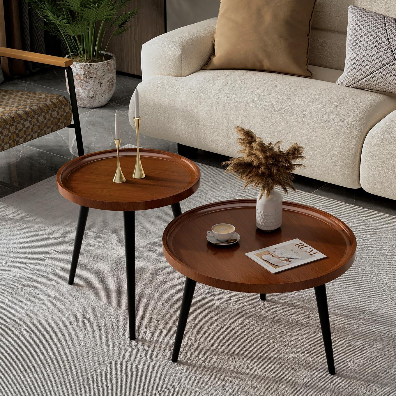 2-Piece Modern Round Coffee Table Set for Living Room,Easy Assembly Nesting Coffee Tables,Walnut Color Circle End Side Tables for Bedroom Office Balcony Yard