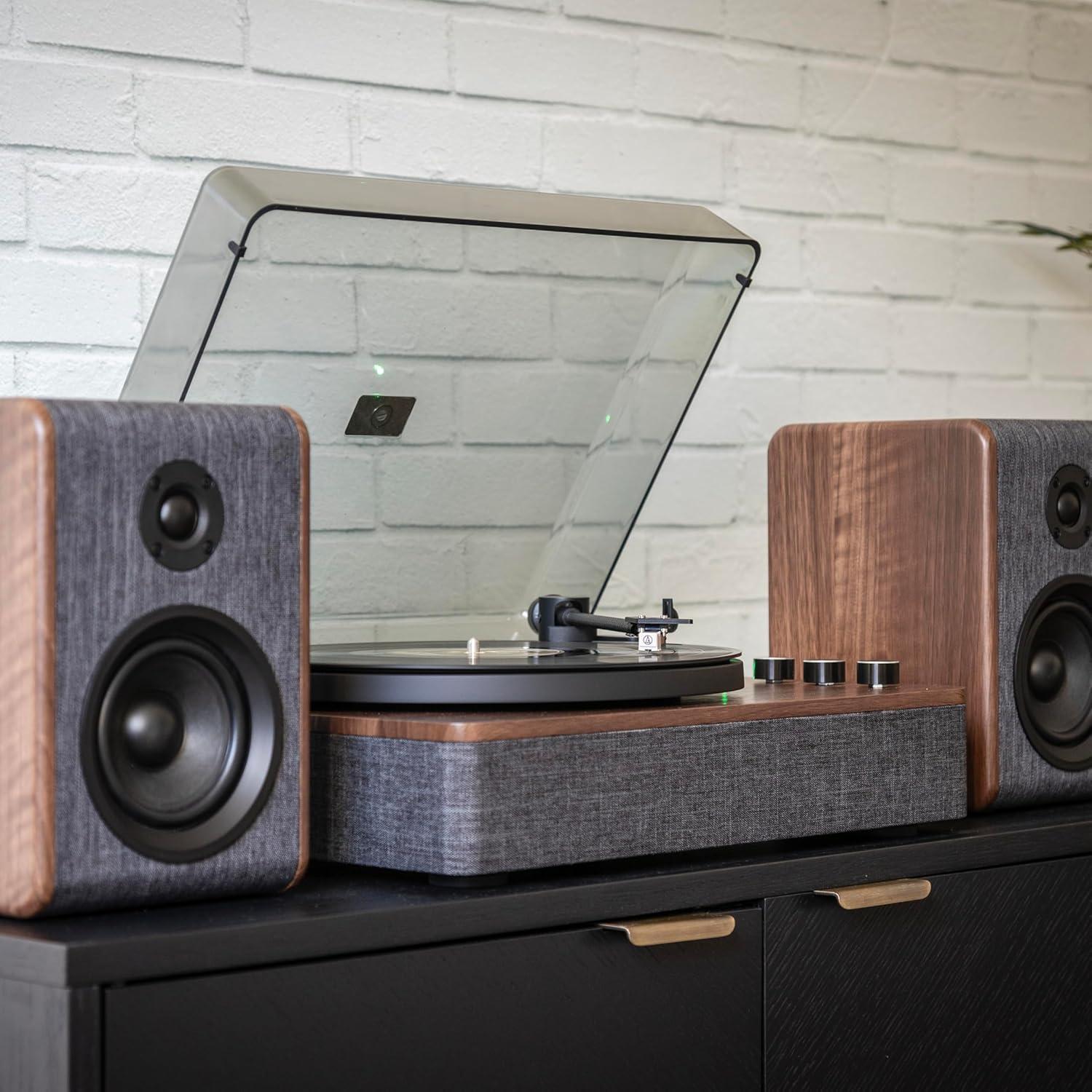 Charcoal and Brown Bluetooth Record Player with Speakers