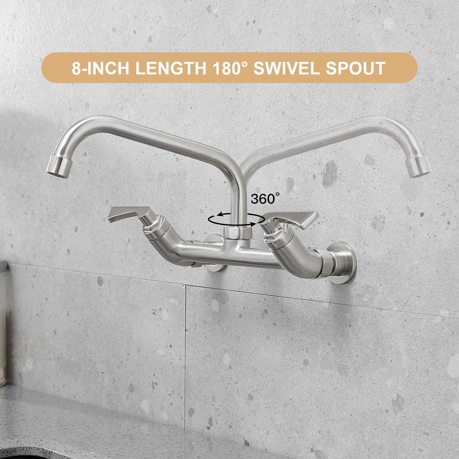 Brushed Nickel Wall Mount Double Handle Kitchen Faucet