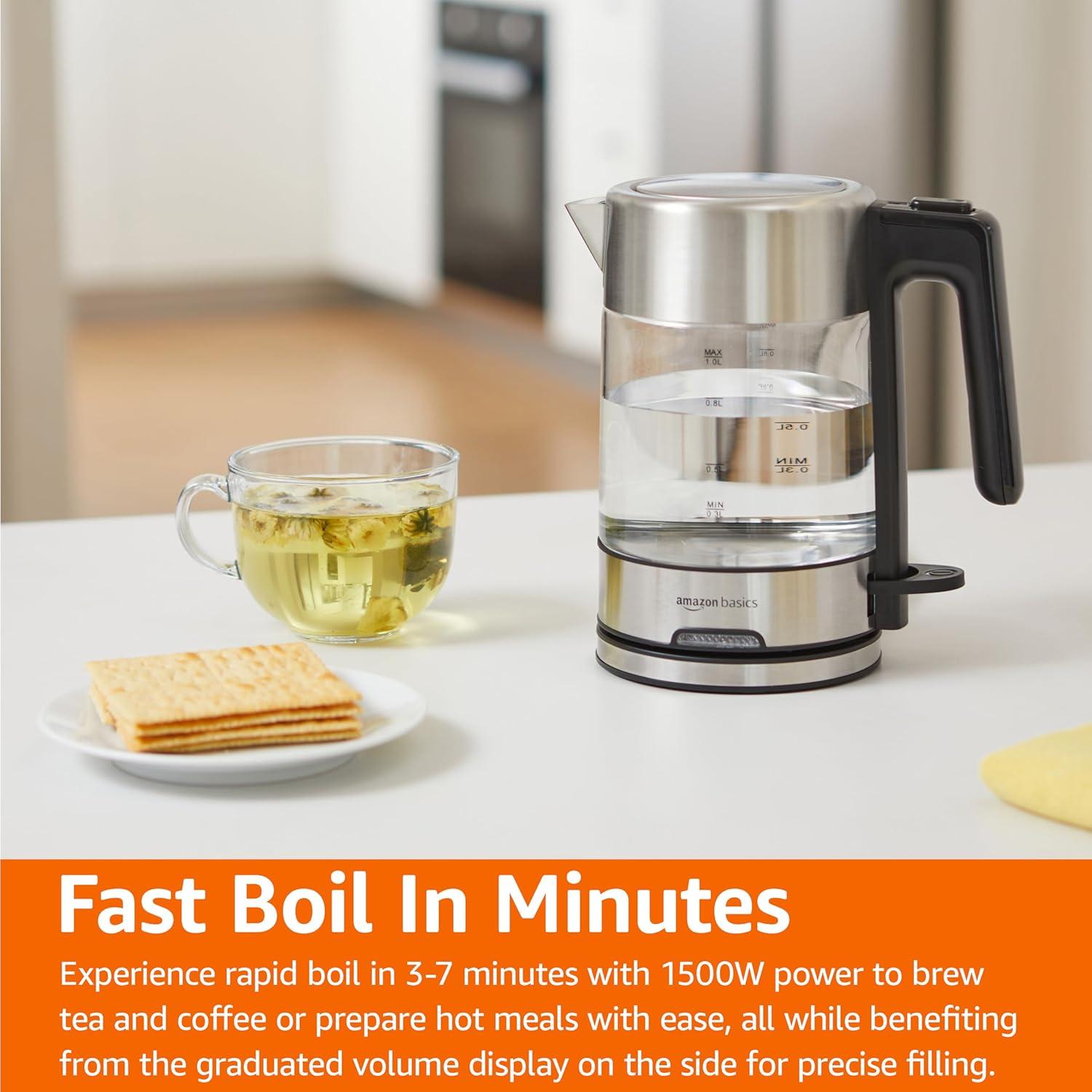 1.1-Qt (1.0L) Electric Kettle, Tea Kettle & Water Boiler, With Auto Shut-Off, Boil Dry Protection, High-Safety Strix Thermostat, BPA-Free, 1500W, Stainless Steel, Black & Silver