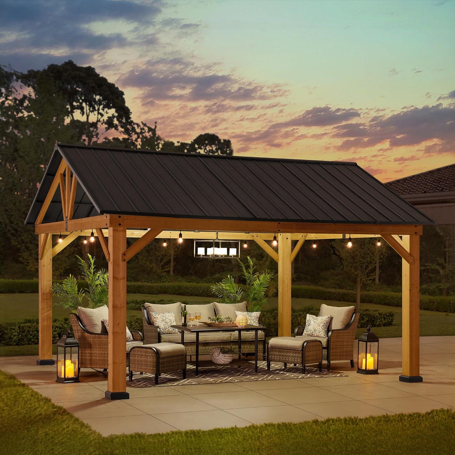 Sunjoy 13 x 15 ft Cedar and Black Steel Gable Roof Gazebo