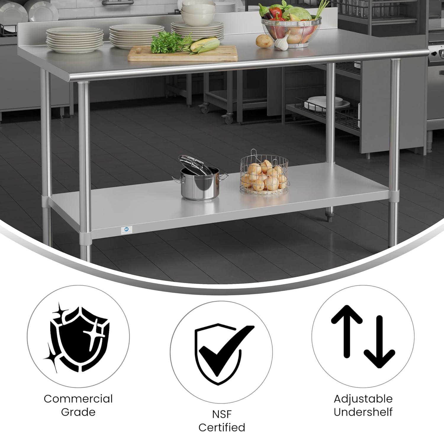 Flash Furniture Commercial Stainless Steel Kitchen Prep and Work Table with Shelf and Backsplash