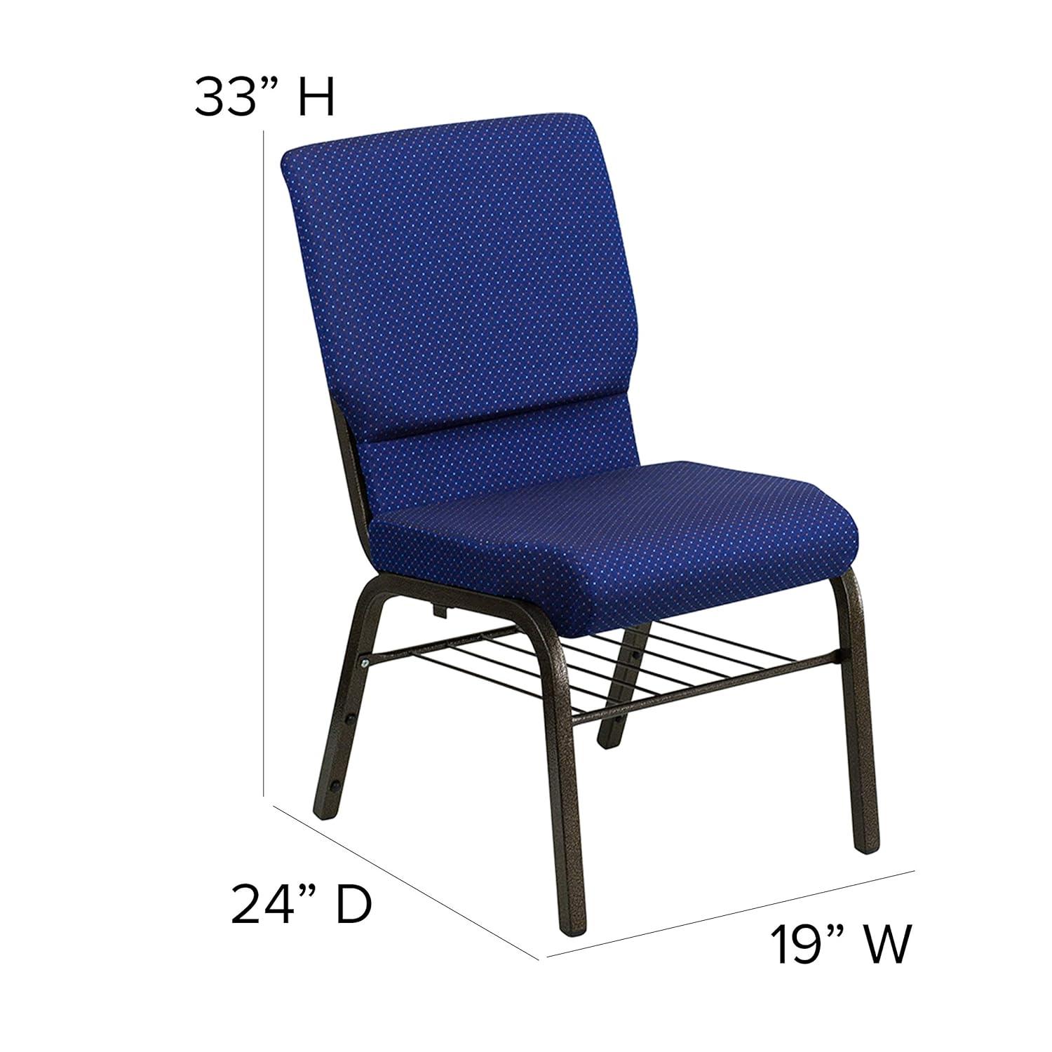 BizChair 18.5''W Church Chair in Navy Blue Patterned Fabric with Book Rack - Gold Vein Frame