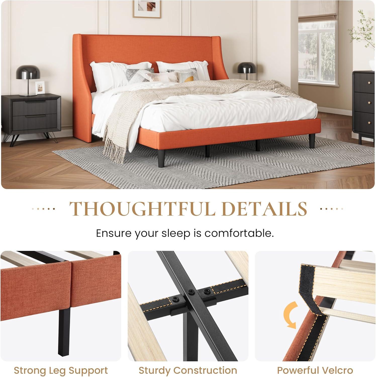 SHA CERLIN Upholstered Bed Frame King Size with Streamlined Wingback Headboard, Breathable Linen Fabric, Solid Wooden Slats, Easy Assembly, Orange