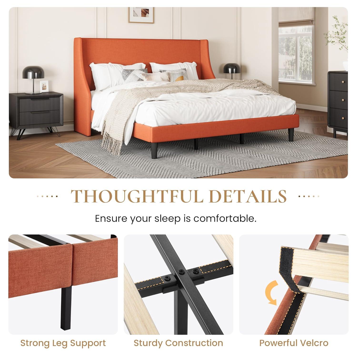 SHA CERLIN Upholstered Bed Frame King Size with Streamlined Wingback Headboard, Breathable Linen Fabric, Solid Wooden Slats, Easy Assembly, Orange
