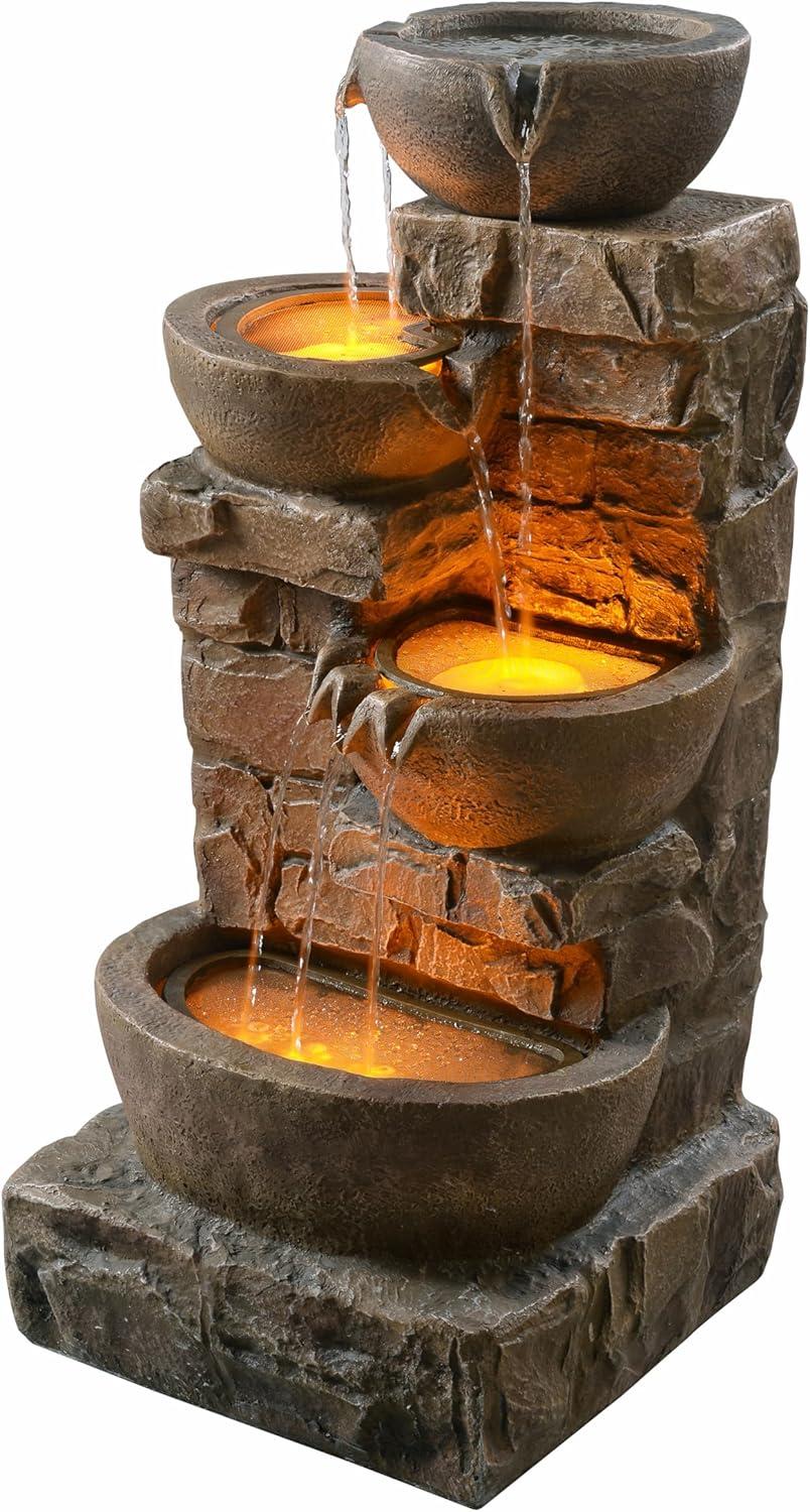 Teamson Home 33.27" Polyresin Cascading Bowls & Stacked Stones LED Fountain: Rust-Resistant, Electric Pump, Ground Freestanding